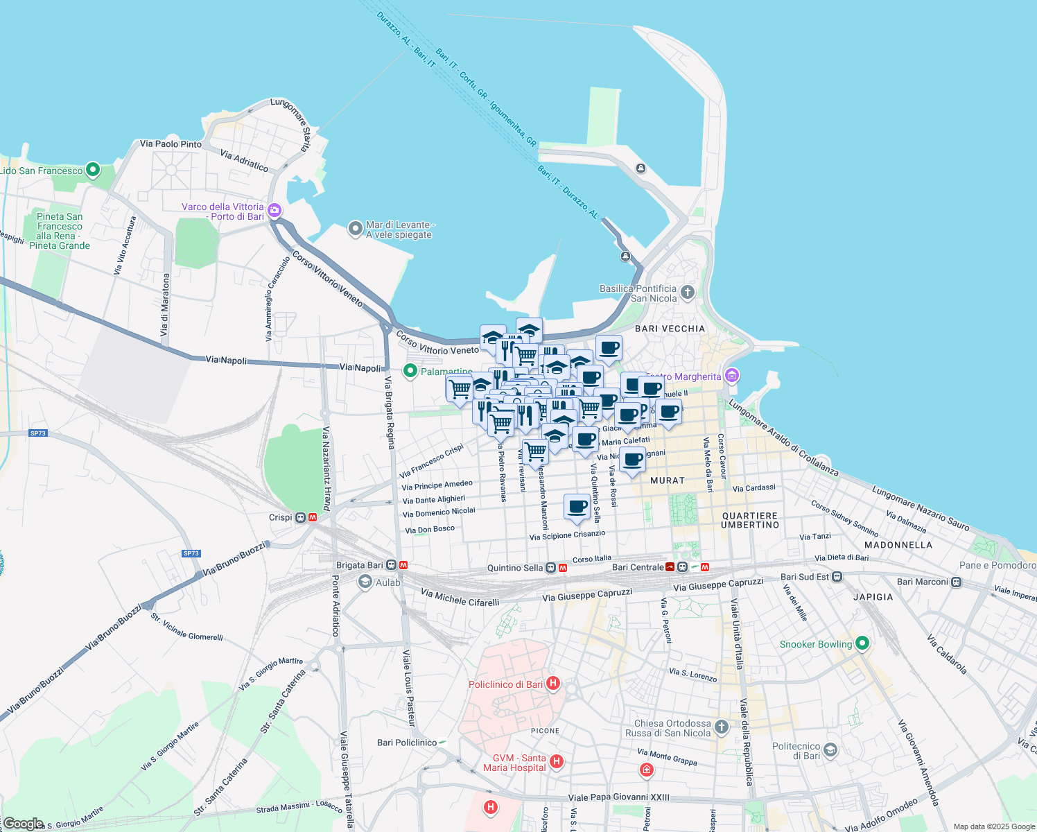 map of restaurants, bars, coffee shops, grocery stores, and more near 56 Via Trevisani in Bari