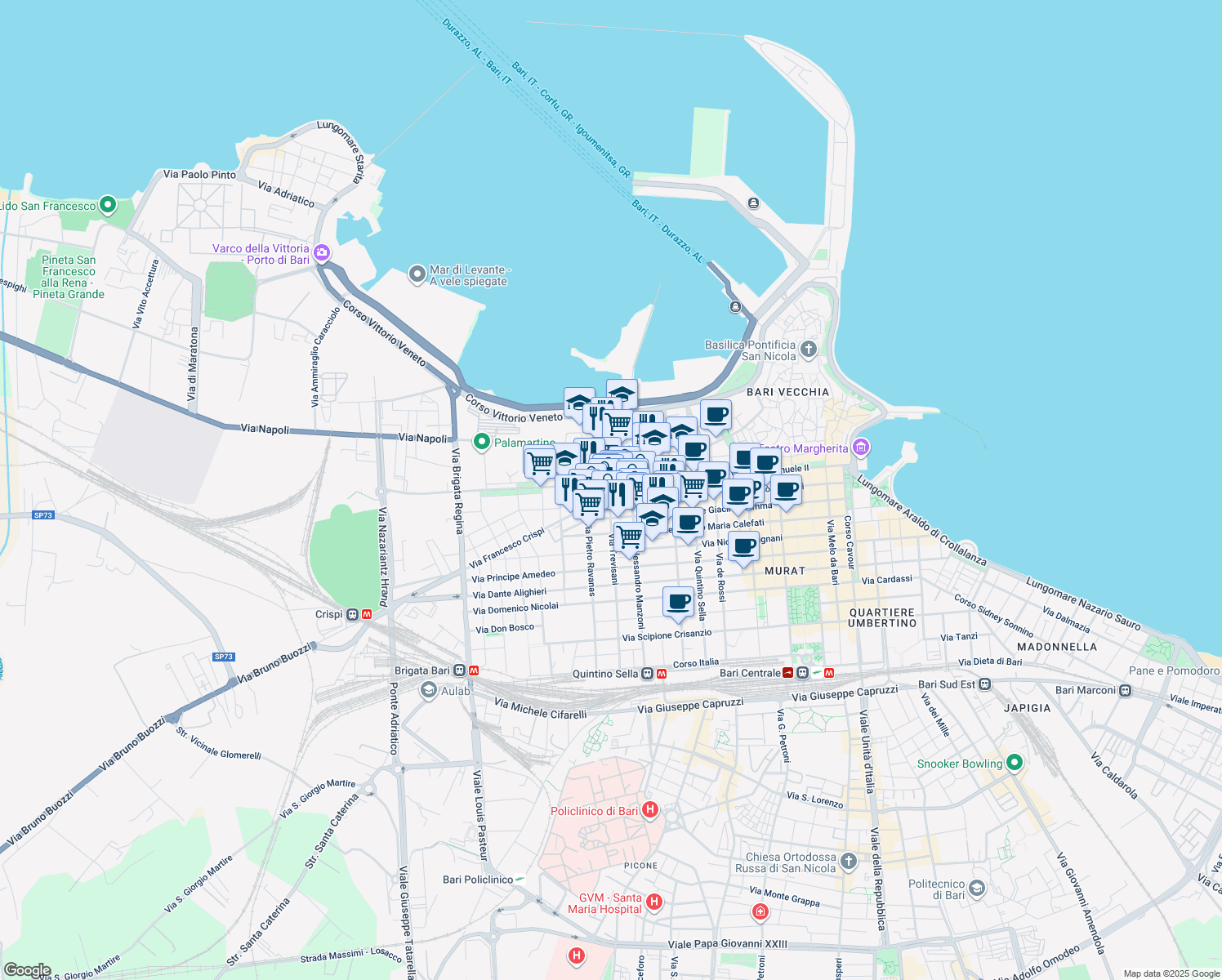 map of restaurants, bars, coffee shops, grocery stores, and more near 56 Via Trevisani in Bari