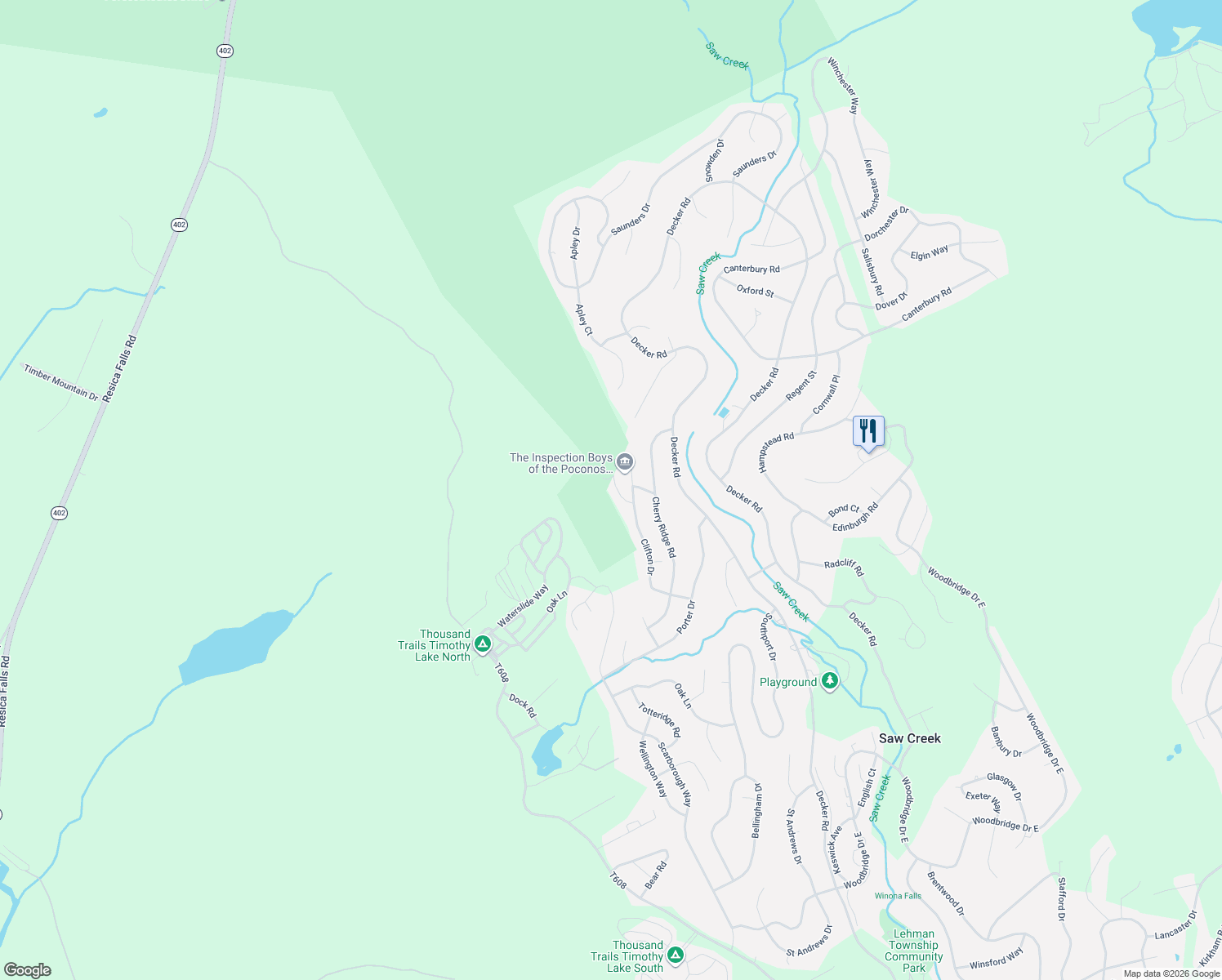 map of restaurants, bars, coffee shops, grocery stores, and more near 119 Sterling Circle in Bushkill