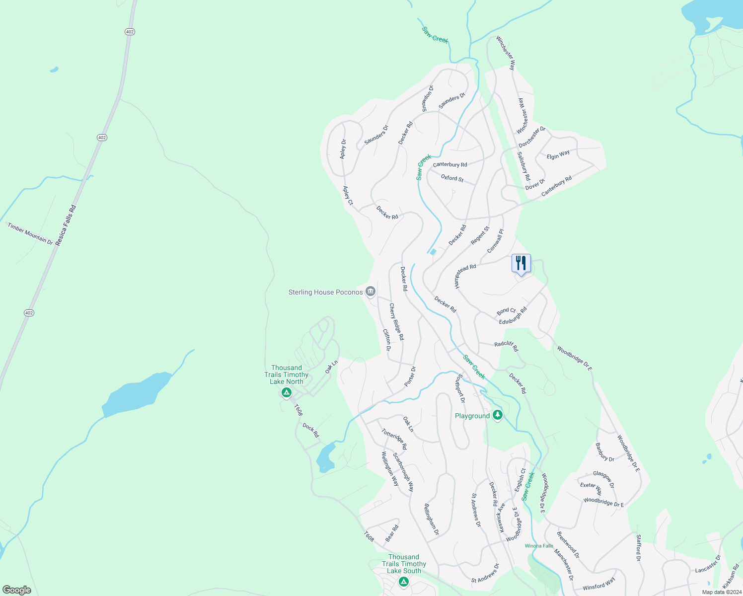 map of restaurants, bars, coffee shops, grocery stores, and more near 119 Sterling Circle in Bushkill