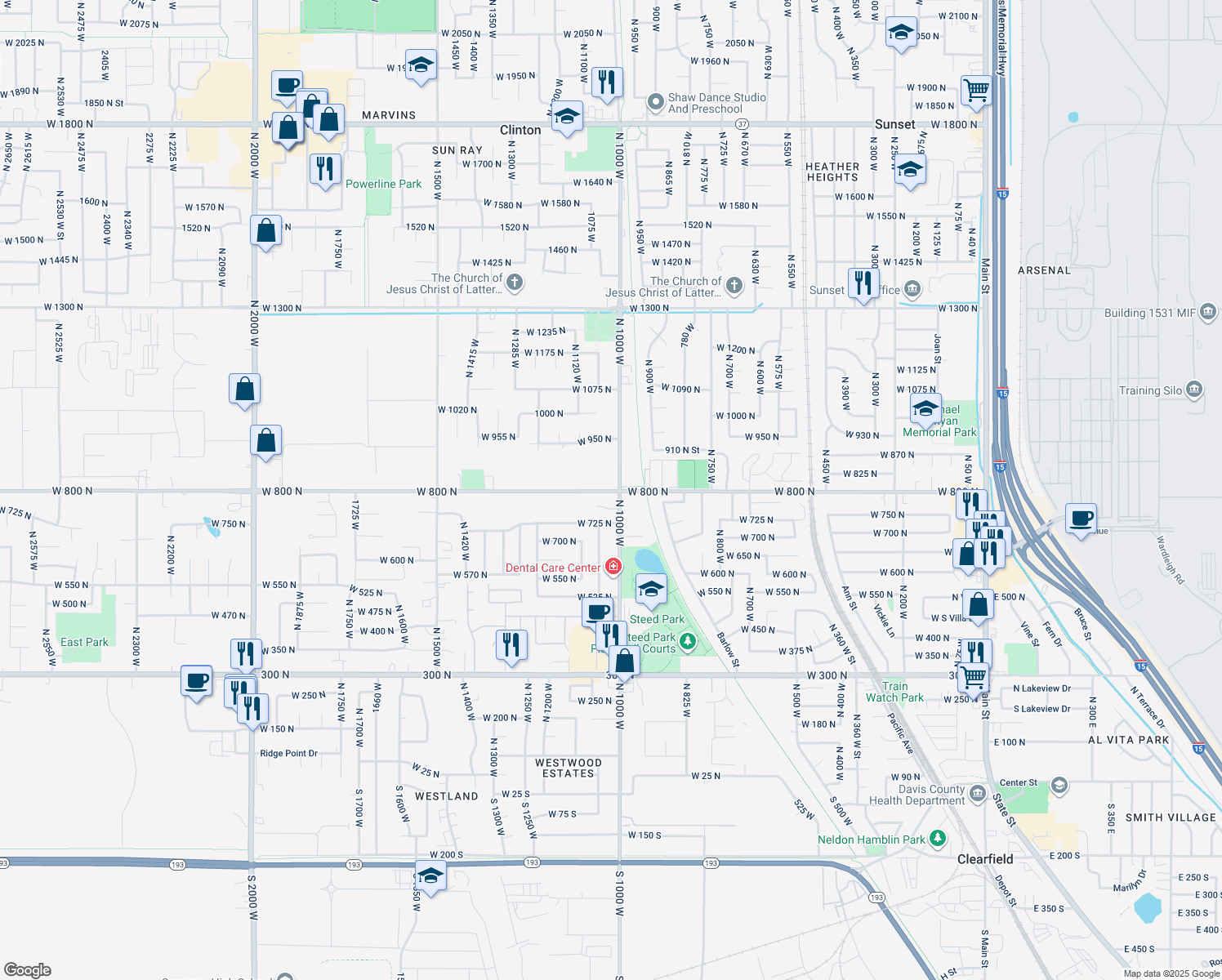 map of restaurants, bars, coffee shops, grocery stores, and more near 1016 West 800 North in Clinton