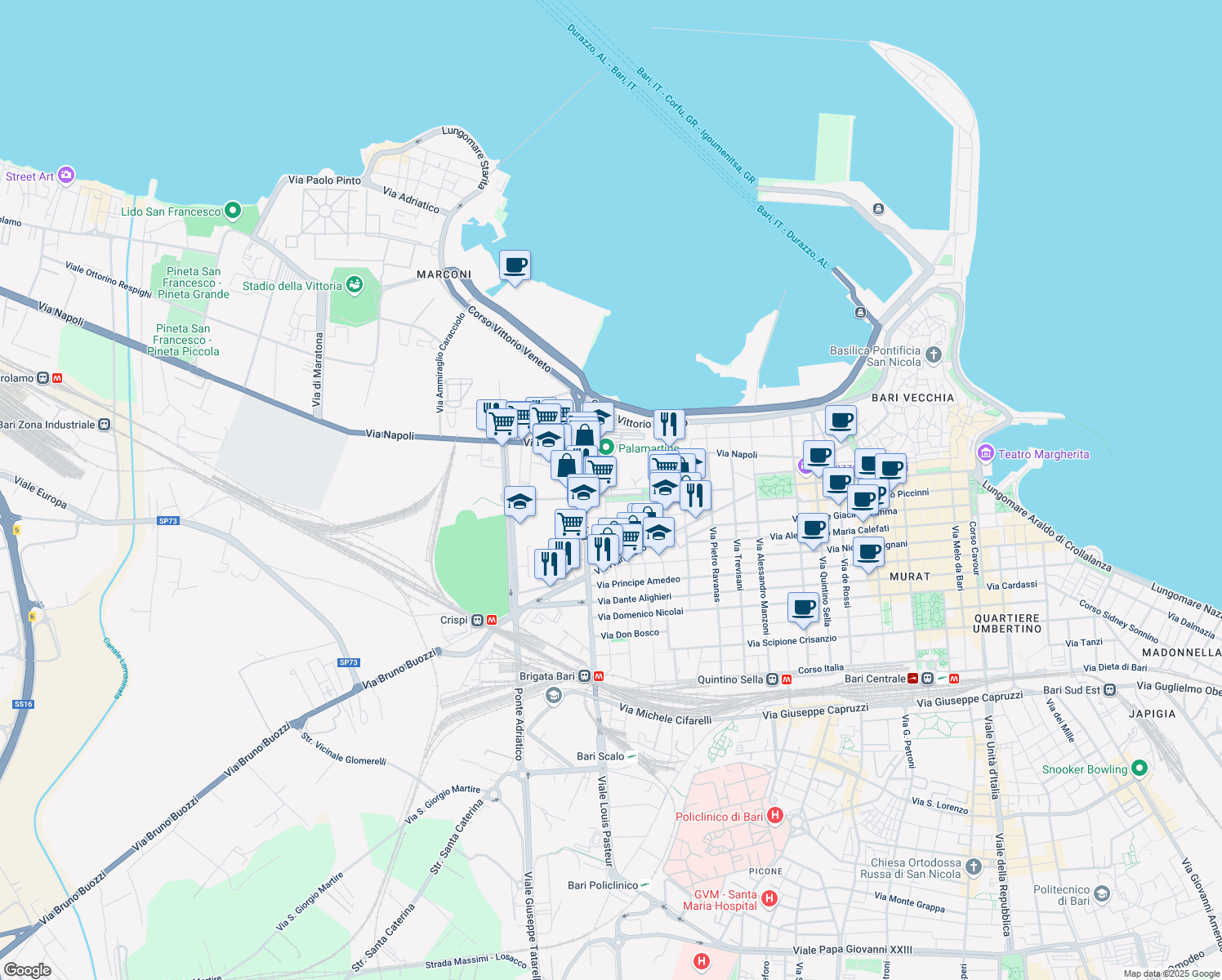 map of restaurants, bars, coffee shops, grocery stores, and more near 151 Corso Giuseppe Mazzini in Bari