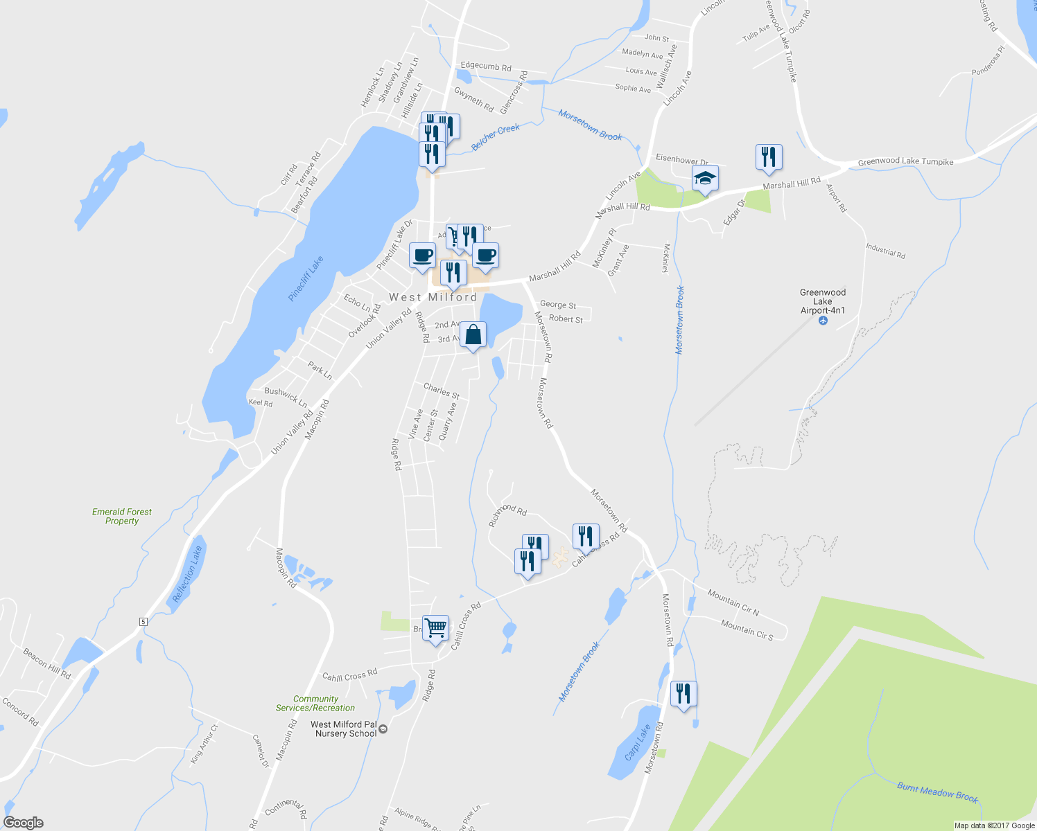 map of restaurants, bars, coffee shops, grocery stores, and more near 615 Morsetown Rd in West Milford