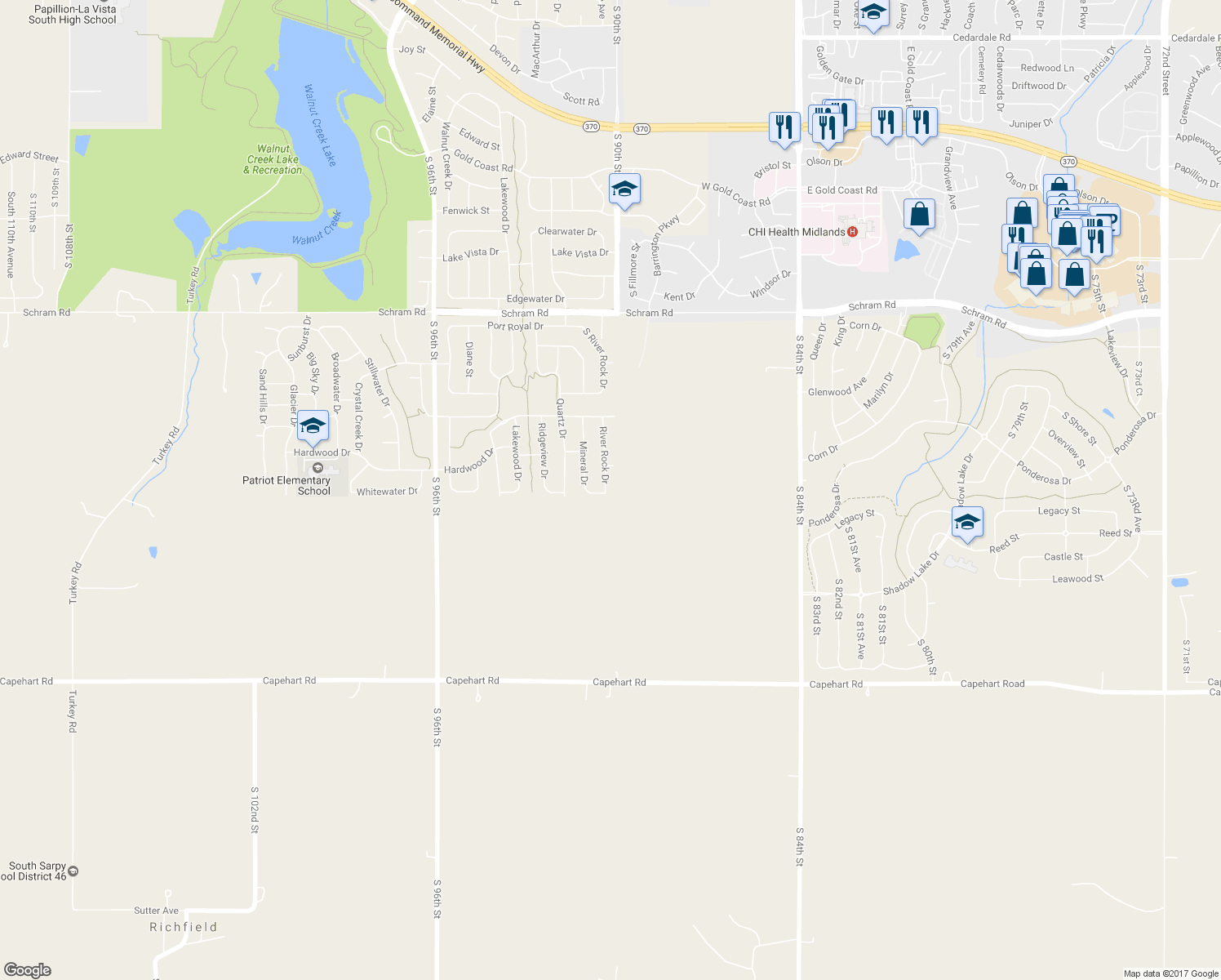 map of restaurants, bars, coffee shops, grocery stores, and more near 2417 River Rock Drive in Papillion