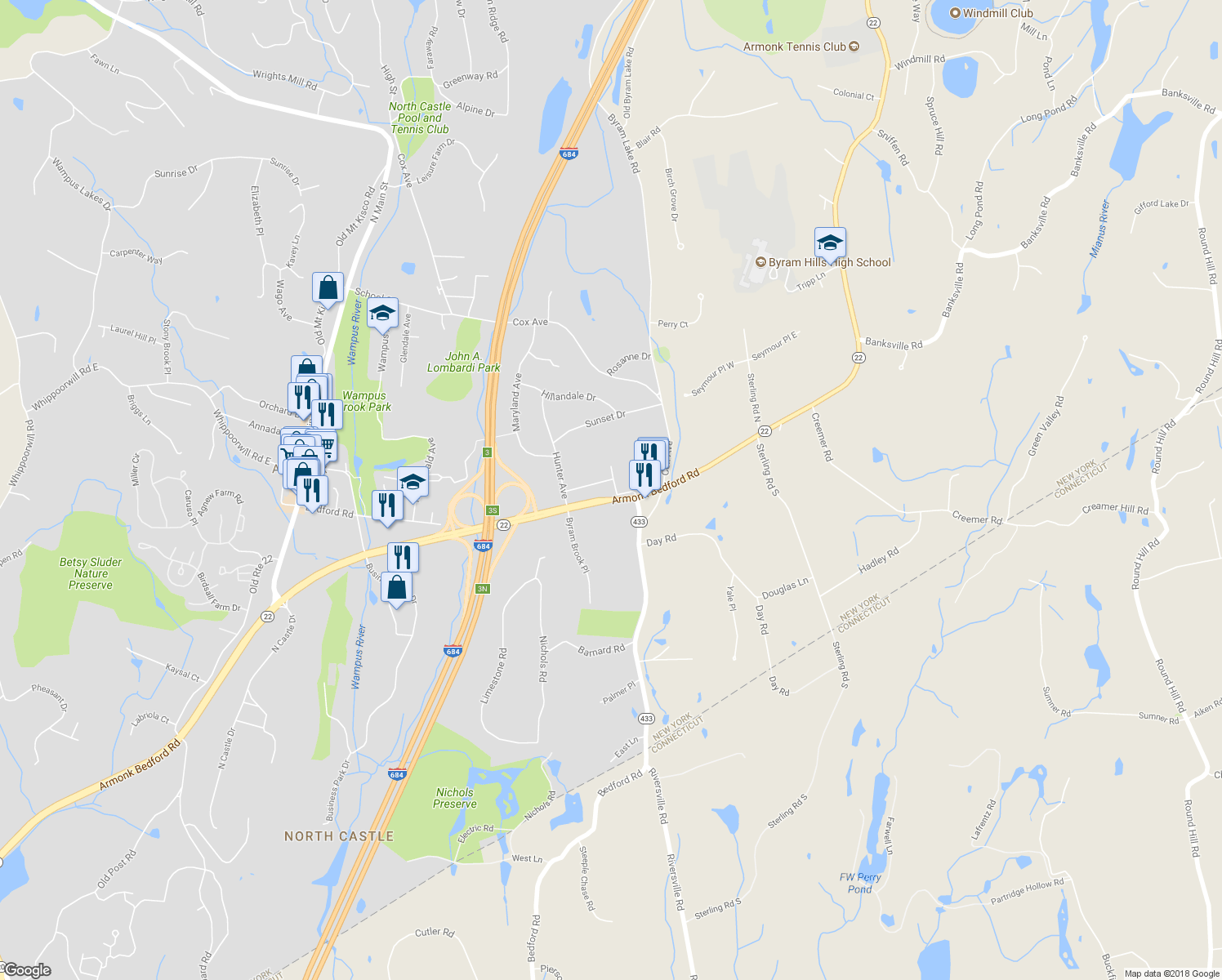 map of restaurants, bars, coffee shops, grocery stores, and more near 4 Niles Avenue in Armonk