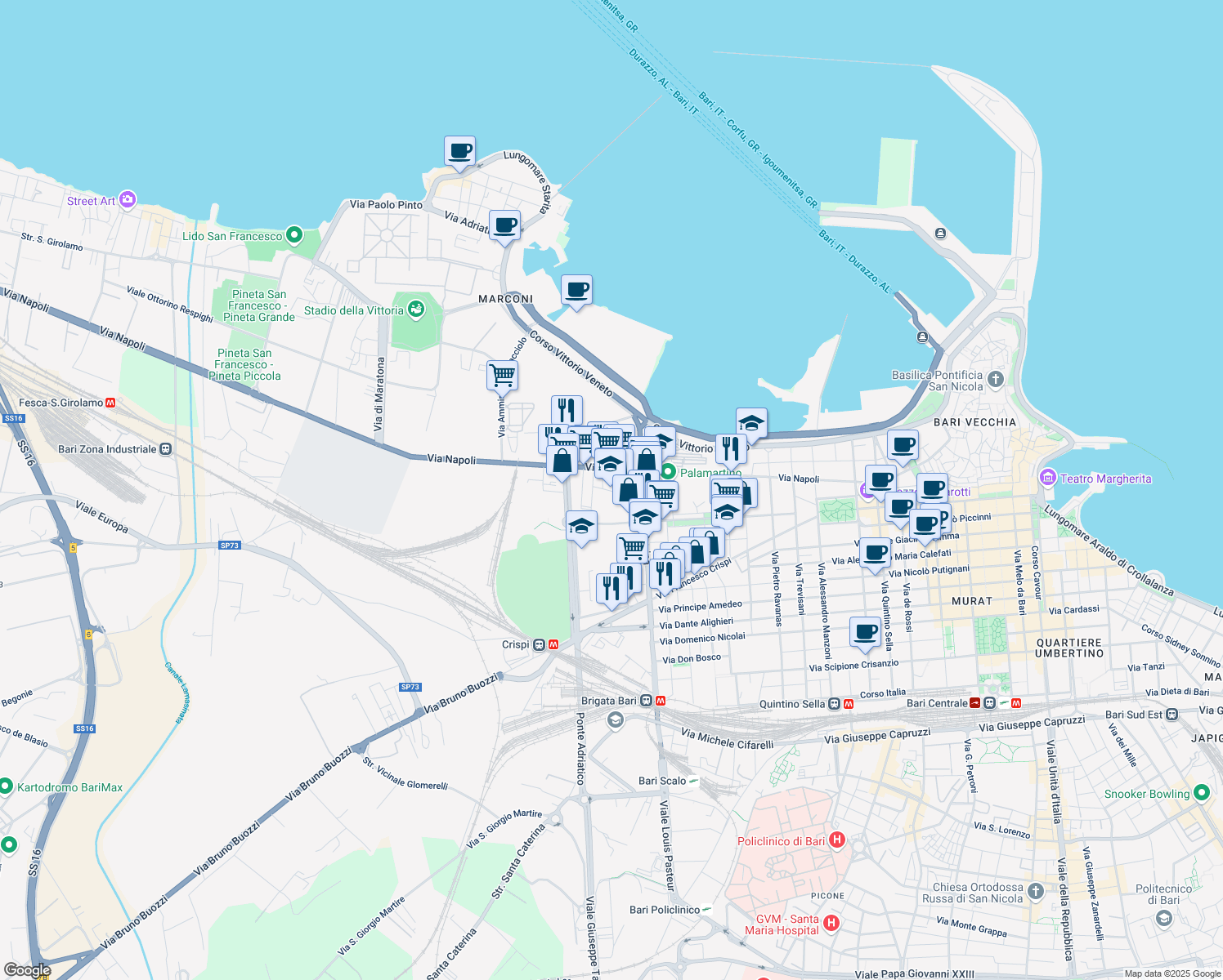 map of restaurants, bars, coffee shops, grocery stores, and more near 23 Via Davide Lopez in Bari