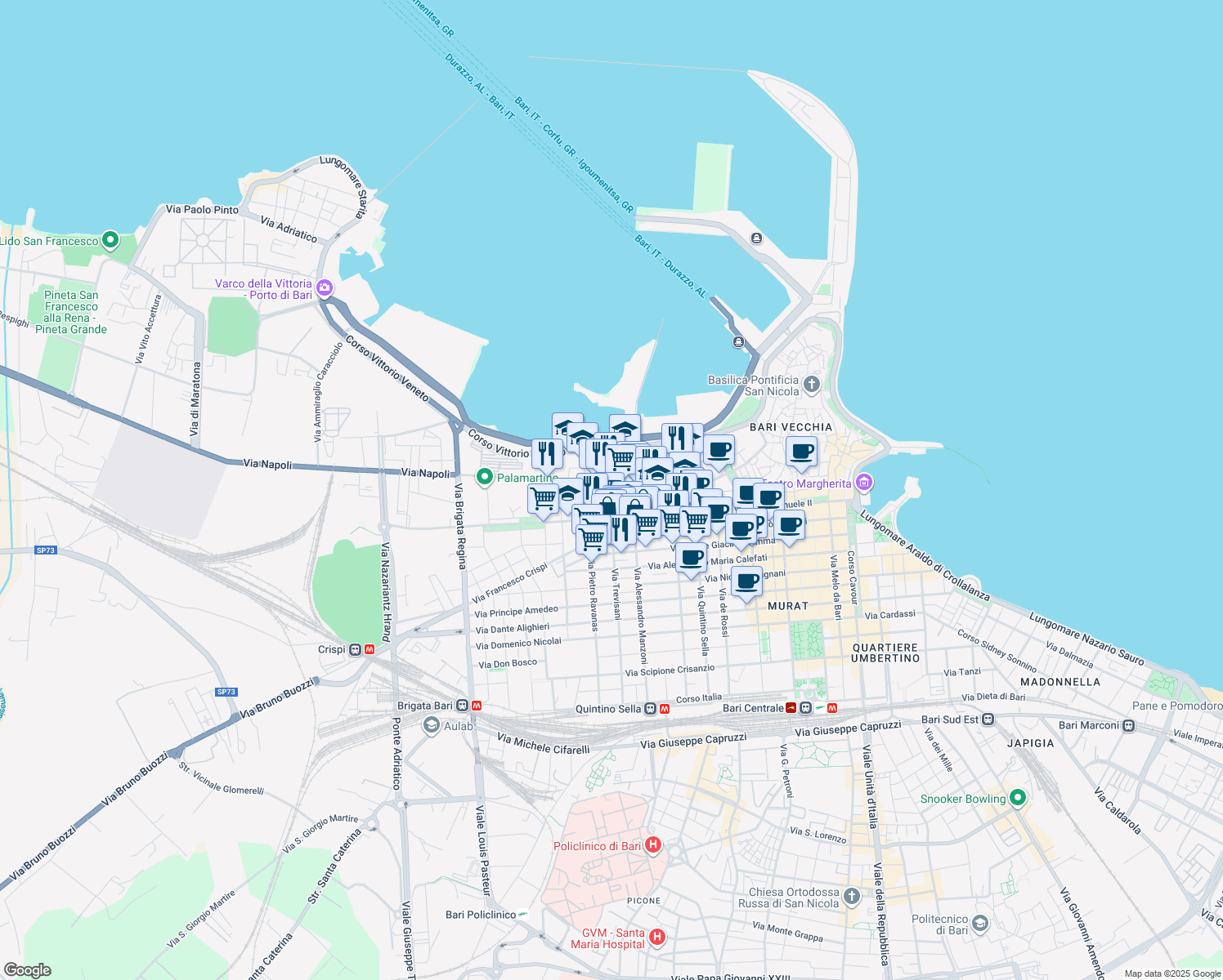 map of restaurants, bars, coffee shops, grocery stores, and more near 101 Via Napoli in Bari