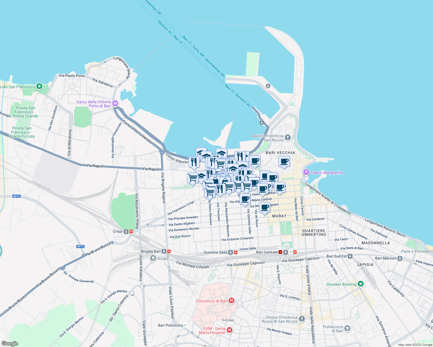 map of restaurants, bars, coffee shops, grocery stores, and more near 101 Via Napoli in Bari