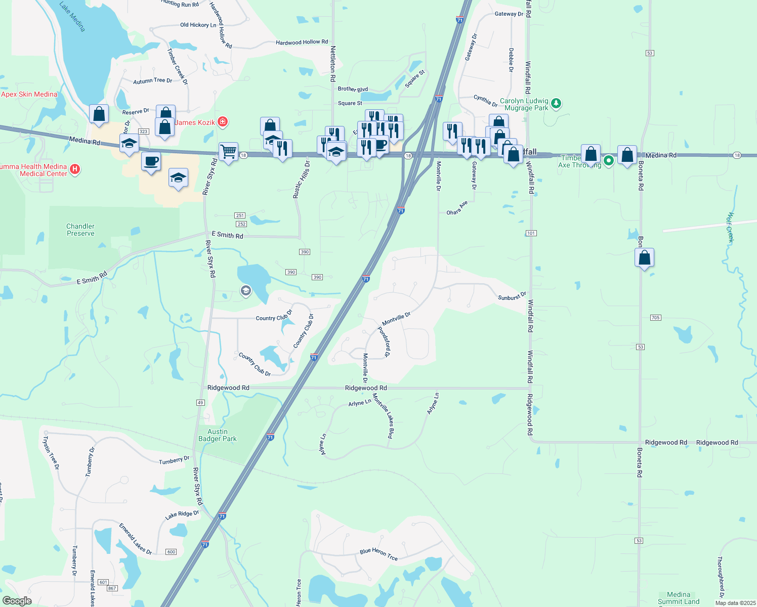 map of restaurants, bars, coffee shops, grocery stores, and more near 3048 W Creek Dr in Medina