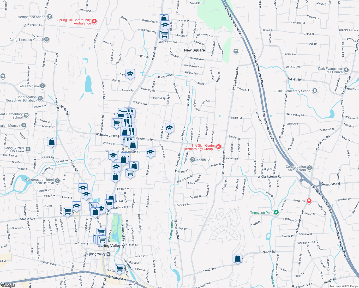 map of restaurants, bars, coffee shops, grocery stores, and more near 138 East Eckerson Road in Spring Valley