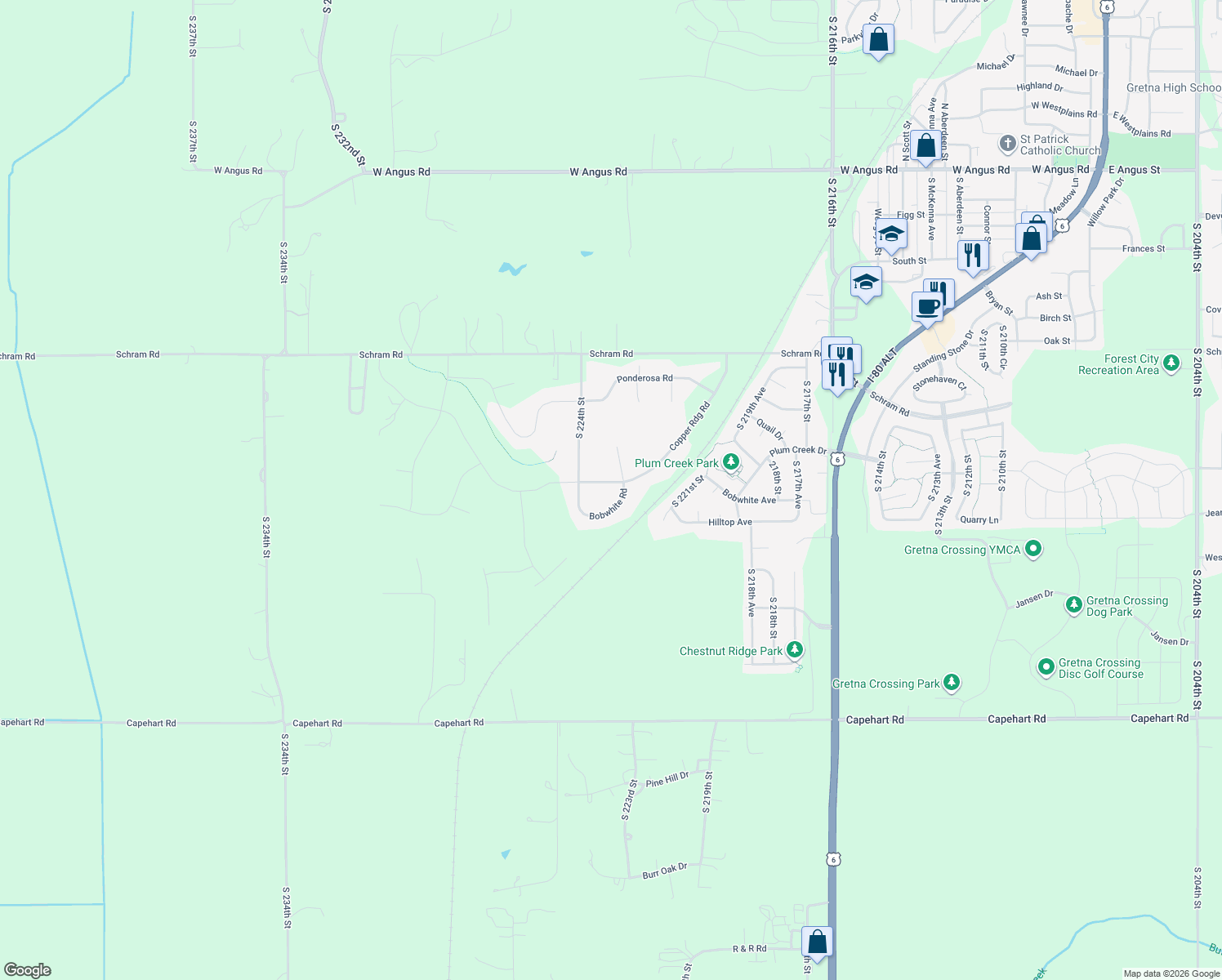 map of restaurants, bars, coffee shops, grocery stores, and more near 22331 Copper Ridge Rd in Gretna