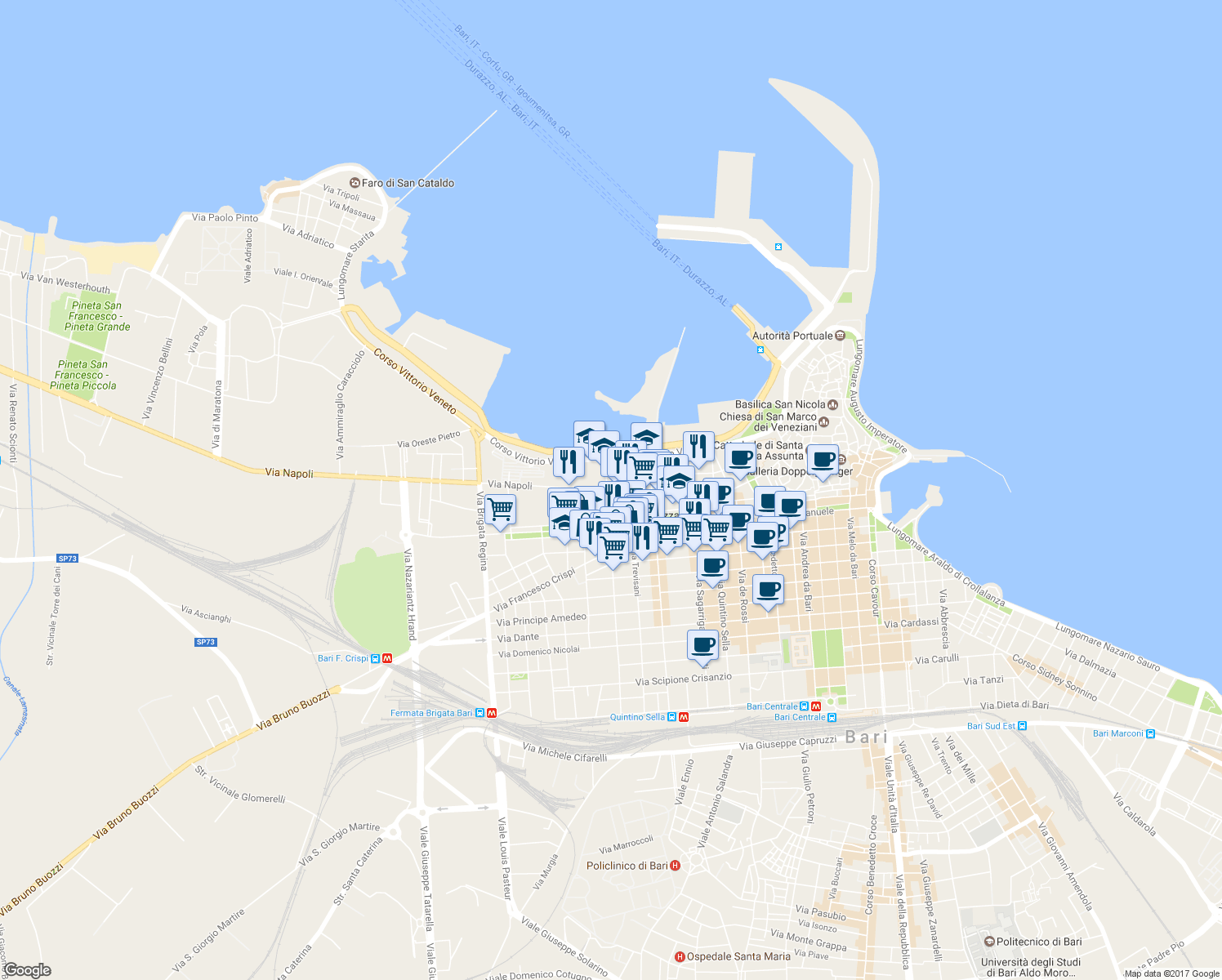 map of restaurants, bars, coffee shops, grocery stores, and more near 151 Via Napoli in Bari