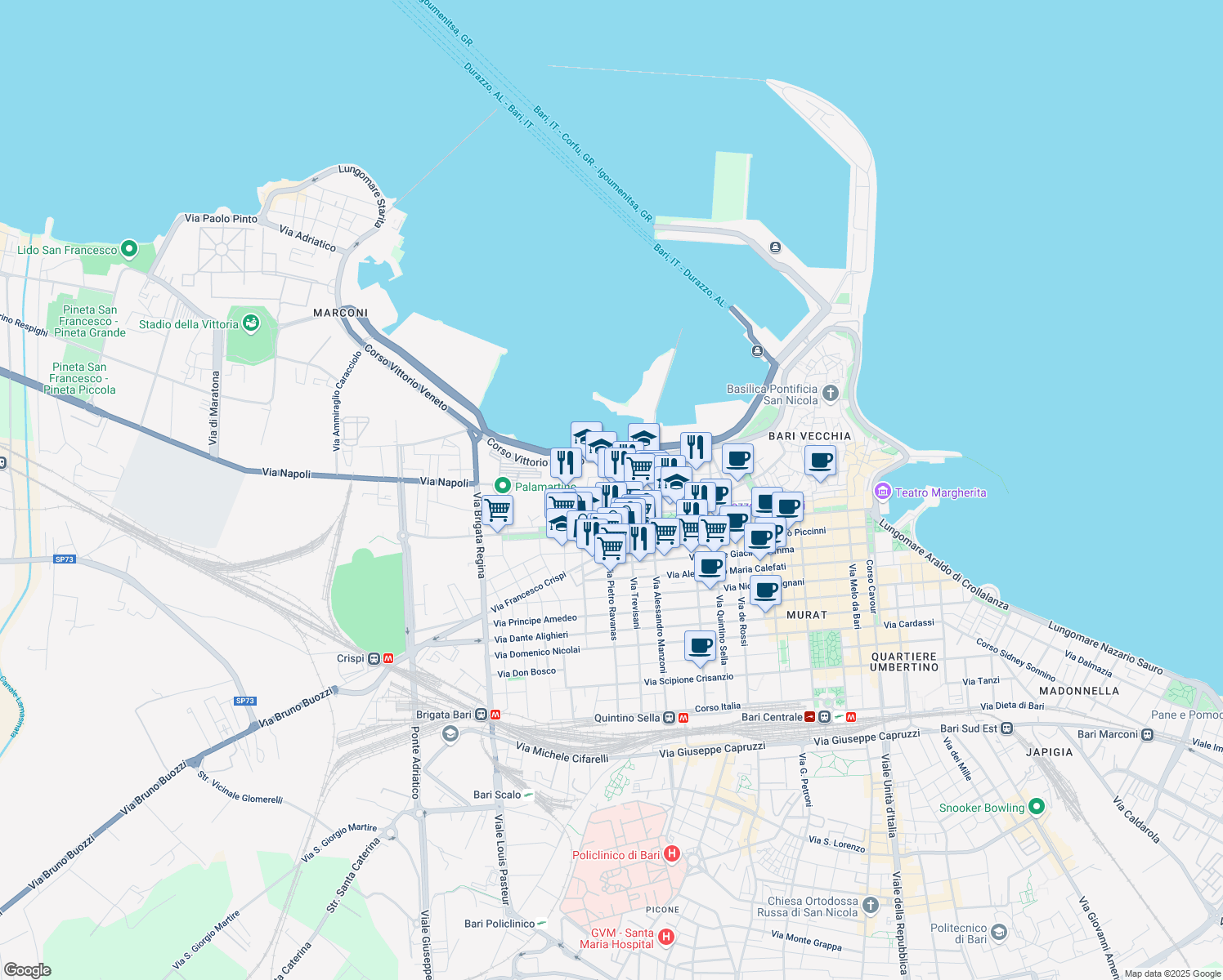 map of restaurants, bars, coffee shops, grocery stores, and more near 151 Via Napoli in Bari