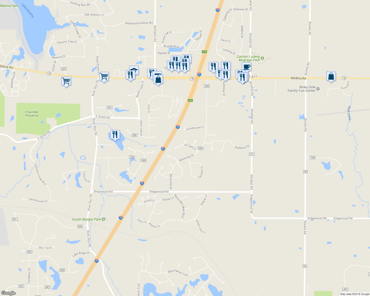 map of restaurants, bars, coffee shops, grocery stores, and more near 3018 West Creek Drive in Medina