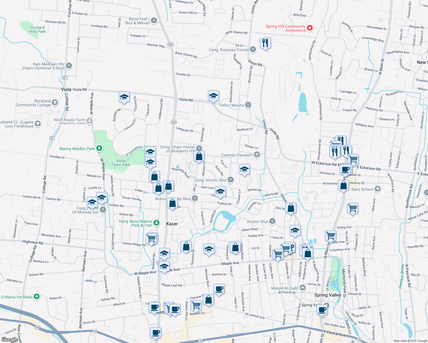 map of restaurants, bars, coffee shops, grocery stores, and more near 10 Wilsher Drive in Monsey