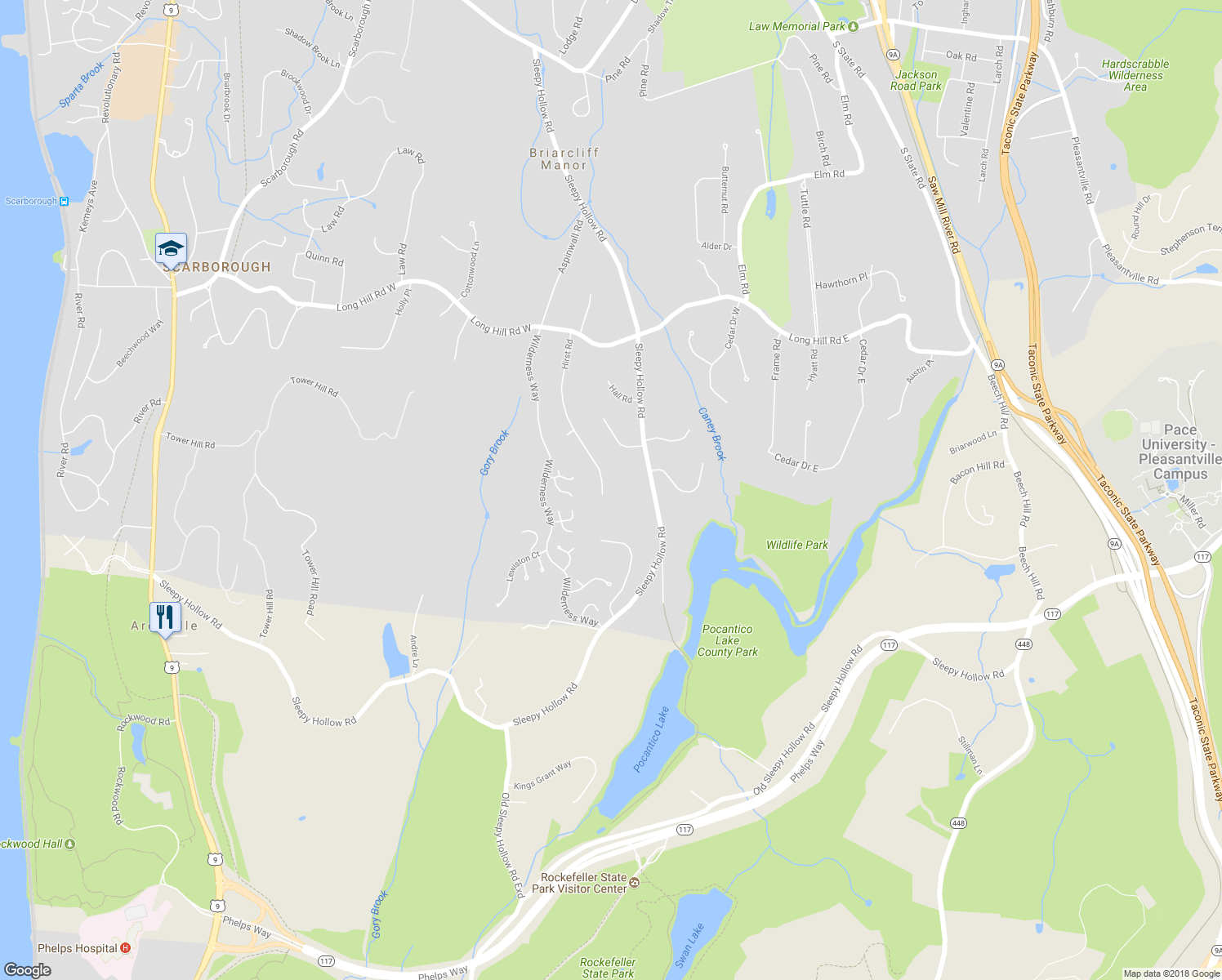 map of restaurants, bars, coffee shops, grocery stores, and more near 189 Hirst Road in Briarcliff Manor