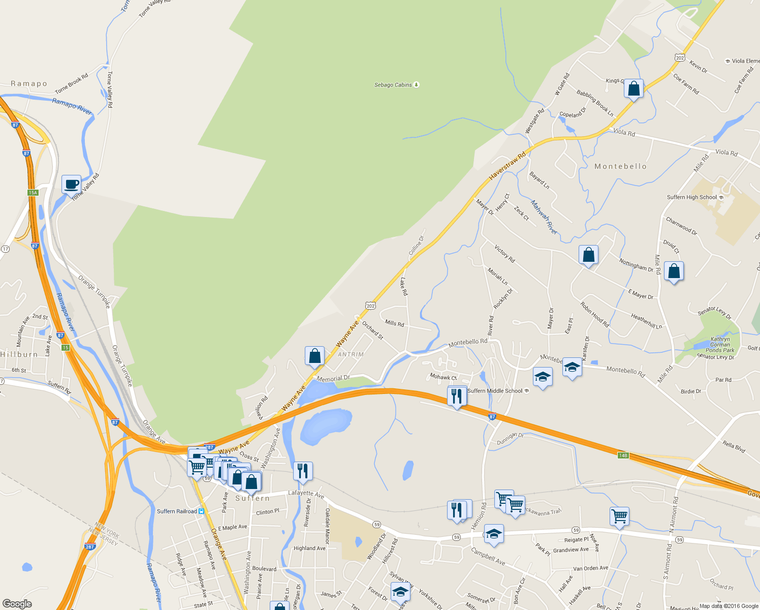 map of restaurants, bars, coffee shops, grocery stores, and more near 9 Mills Road in Suffern