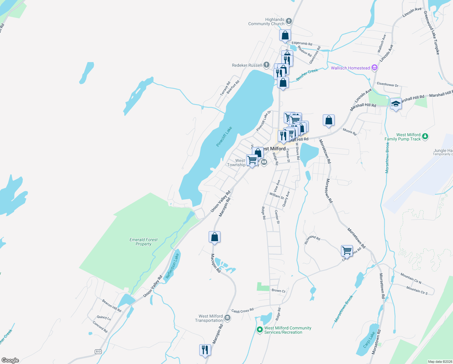 map of restaurants, bars, coffee shops, grocery stores, and more near 16 Meadow Road in West Milford