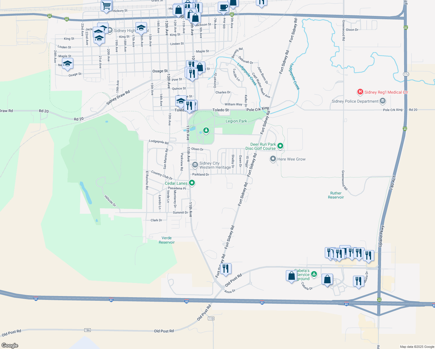 map of restaurants, bars, coffee shops, grocery stores, and more near Parkland Dr in Sidney