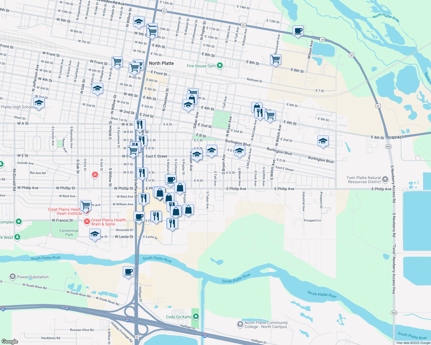 map of restaurants, bars, coffee shops, grocery stores, and more near 699 South Taft Avenue in North Platte