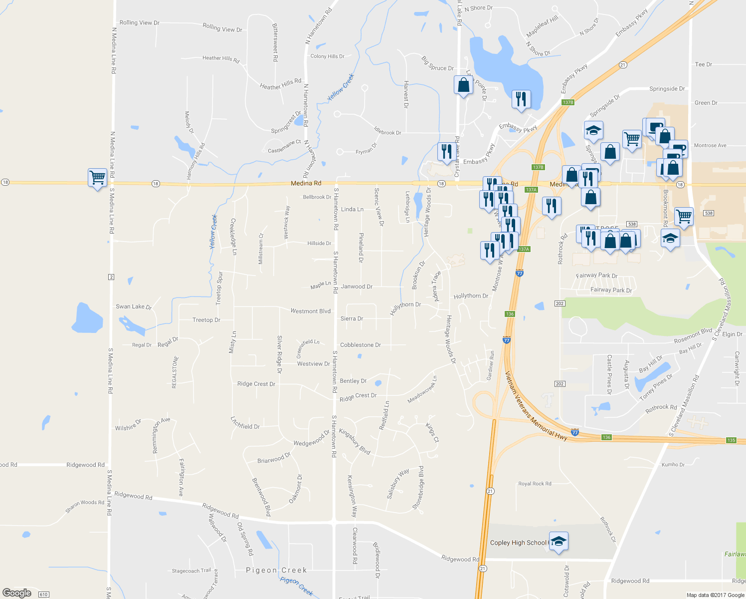 map of restaurants, bars, coffee shops, grocery stores, and more near 4297 Bramble Drive in Akron