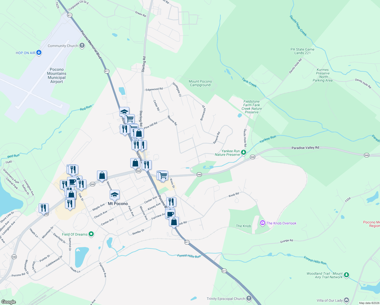 map of restaurants, bars, coffee shops, grocery stores, and more near 17 Seneca Rd in Mt Pocono