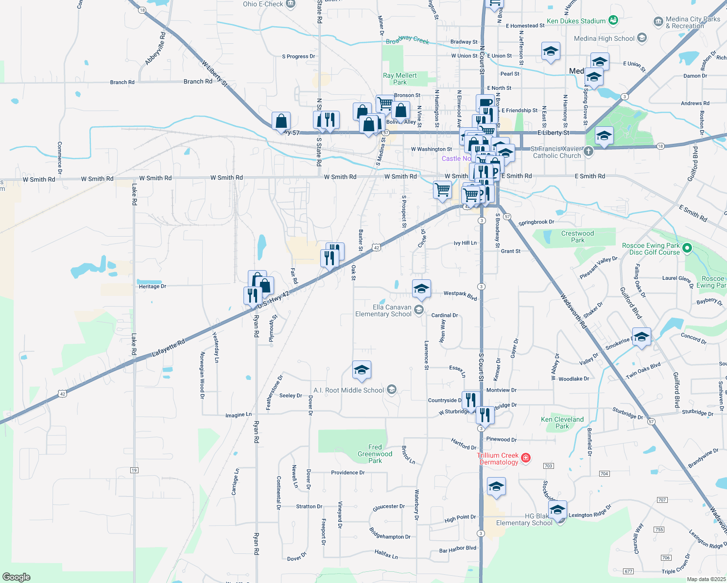 map of restaurants, bars, coffee shops, grocery stores, and more near 512 Westpark Blvd in Medina