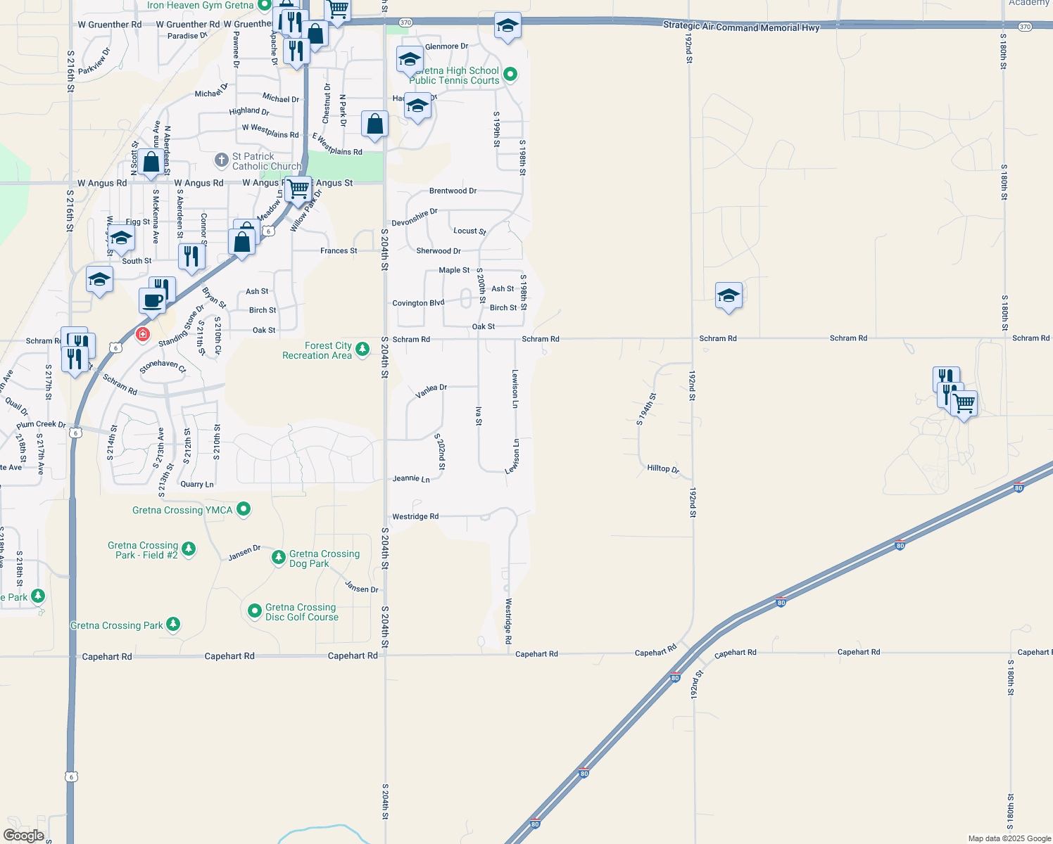 map of restaurants, bars, coffee shops, grocery stores, and more near 12047 Lewison Lane in Gretna