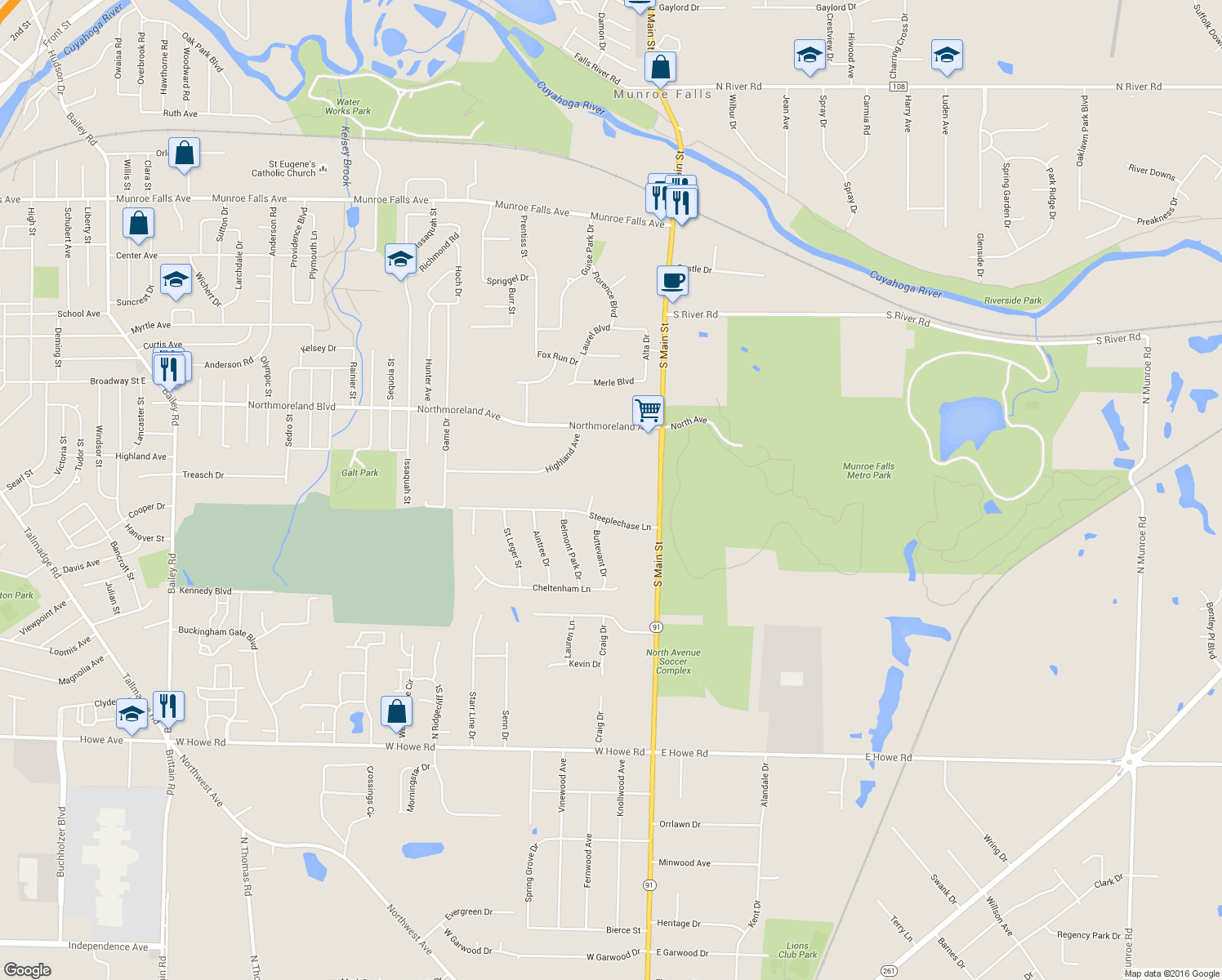 map of restaurants, bars, coffee shops, grocery stores, and more near 372 Valentine's Brook in Munroe Falls