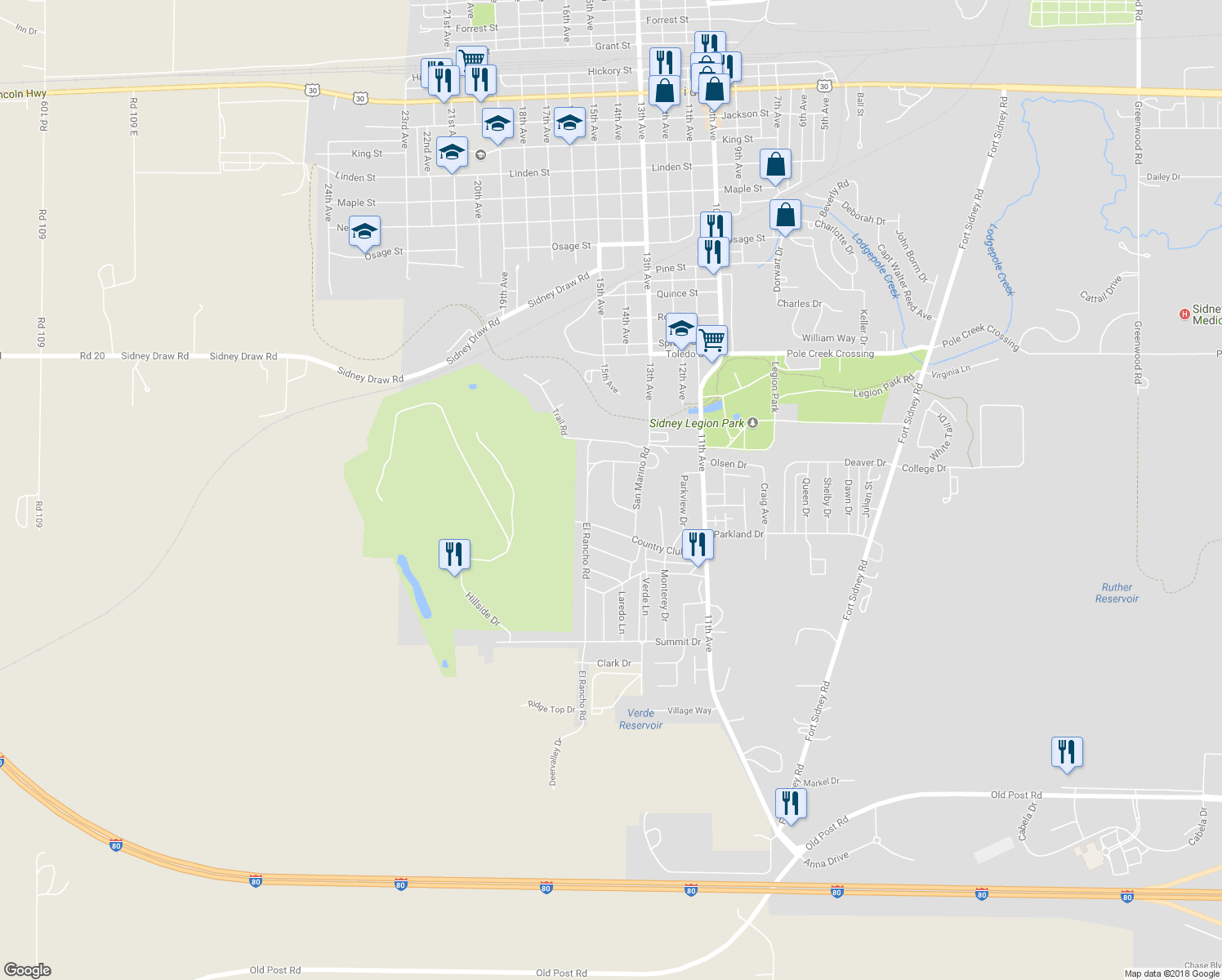 map of restaurants, bars, coffee shops, grocery stores, and more near 2434 Coronado Court in Sidney