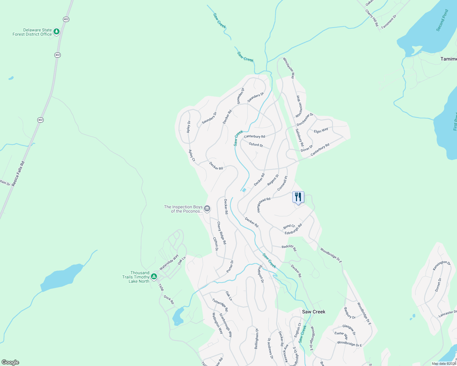 map of restaurants, bars, coffee shops, grocery stores, and more near 5896 Decker Road in Bushkill