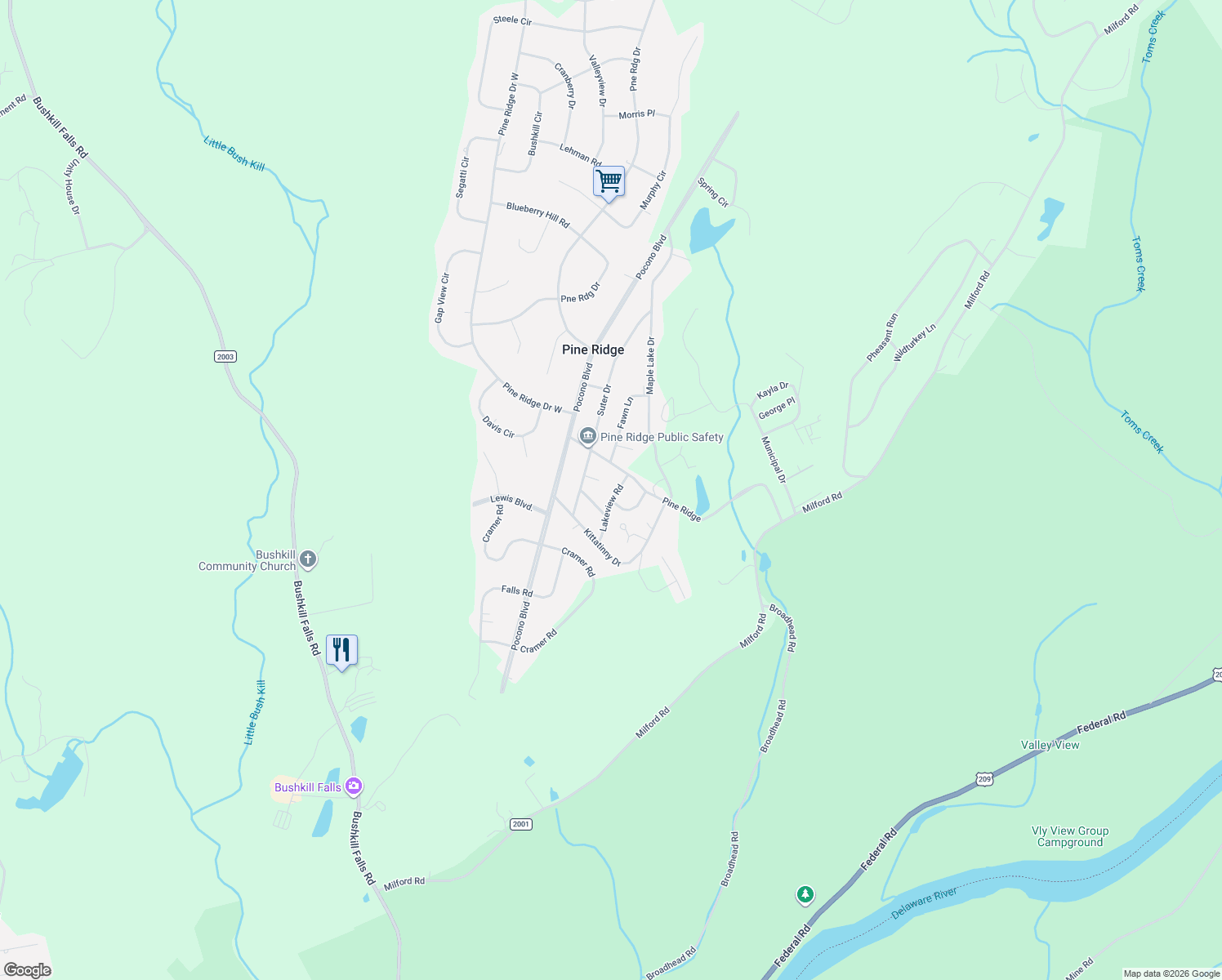 map of restaurants, bars, coffee shops, grocery stores, and more near Rustin Pl in Bushkill