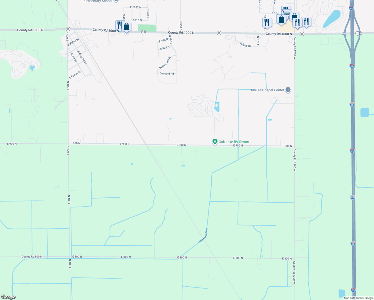 map of restaurants, bars, coffee shops, grocery stores, and more near 5073 E 900 N in Newton
