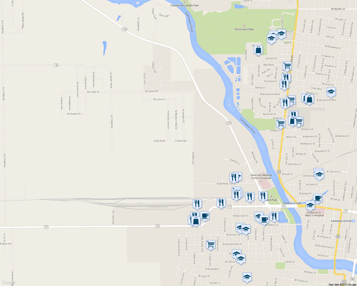 map of restaurants, bars, coffee shops, grocery stores, and more near 1136 0780 North Road in Kankakee