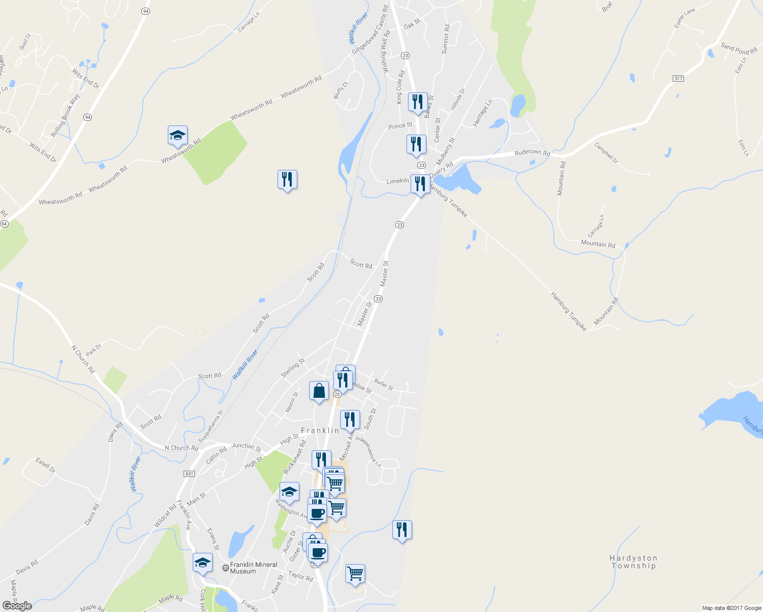 map of restaurants, bars, coffee shops, grocery stores, and more near 494 New Jersey 23 in Franklin