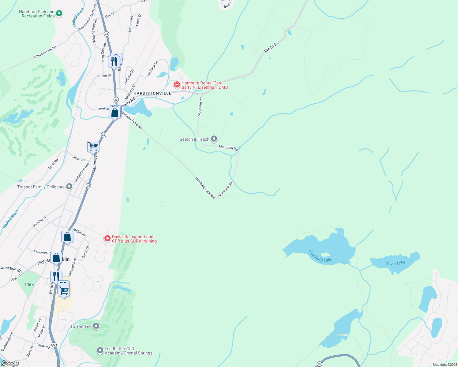 map of restaurants, bars, coffee shops, grocery stores, and more near 103 Mountain Road in Hamburg