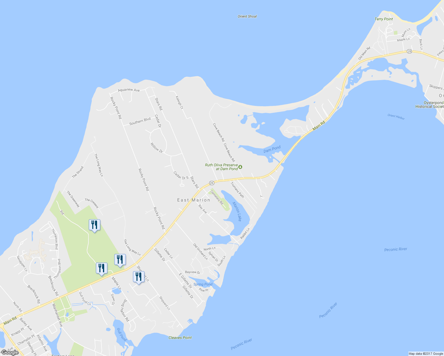 map of restaurants, bars, coffee shops, grocery stores, and more near 10905 Main Road in East Marion