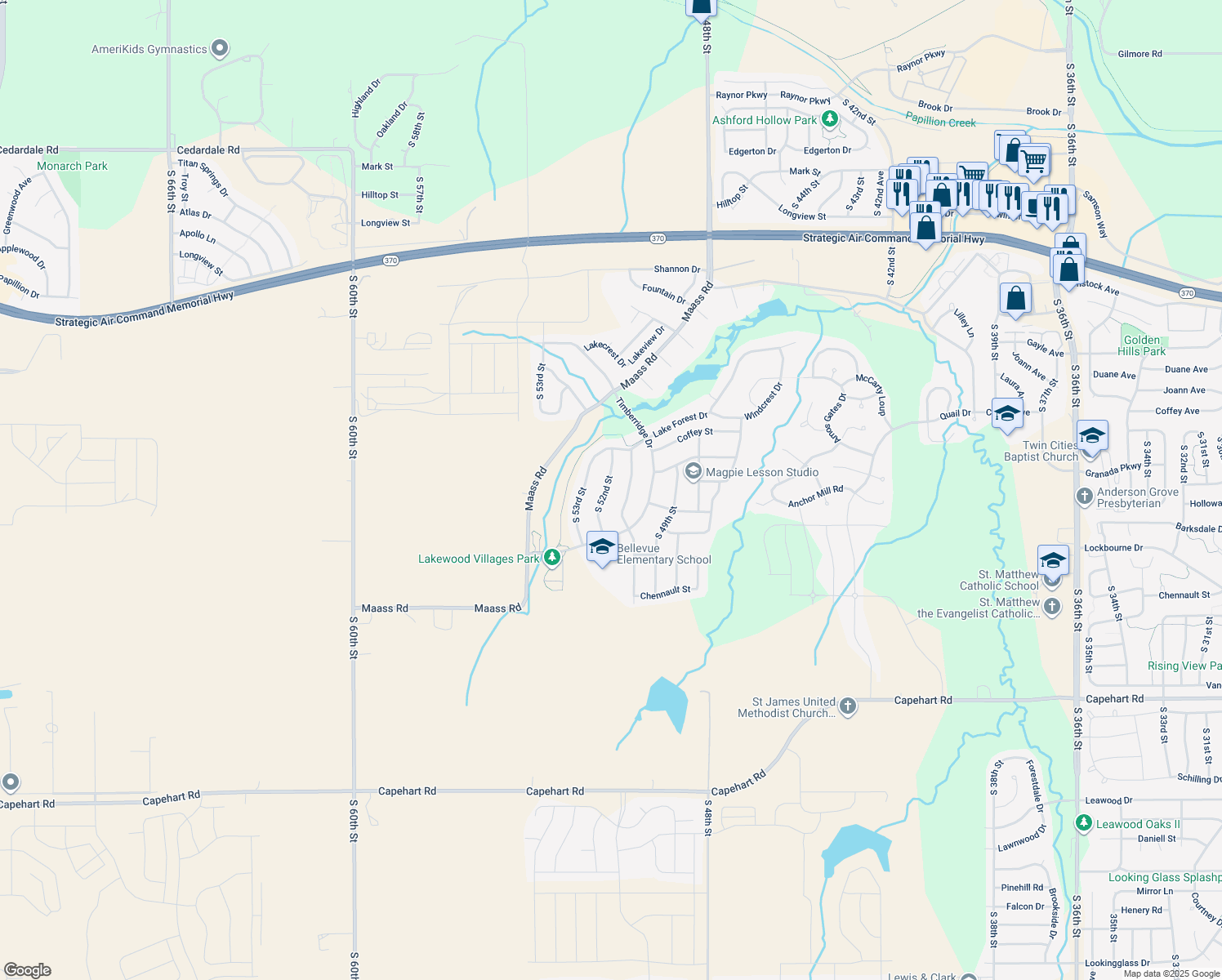 map of restaurants, bars, coffee shops, grocery stores, and more near 11911 South 52nd Street in Papillion