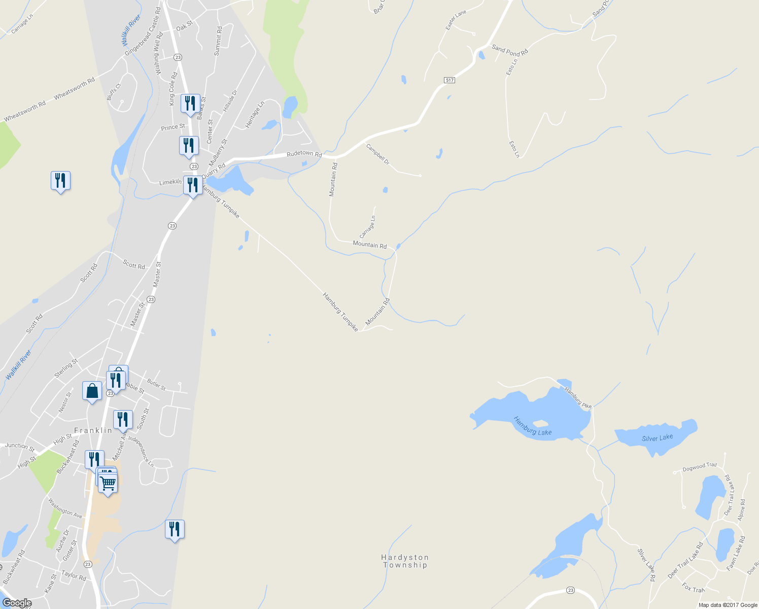 map of restaurants, bars, coffee shops, grocery stores, and more near 103 Mountain Road in Hamburg