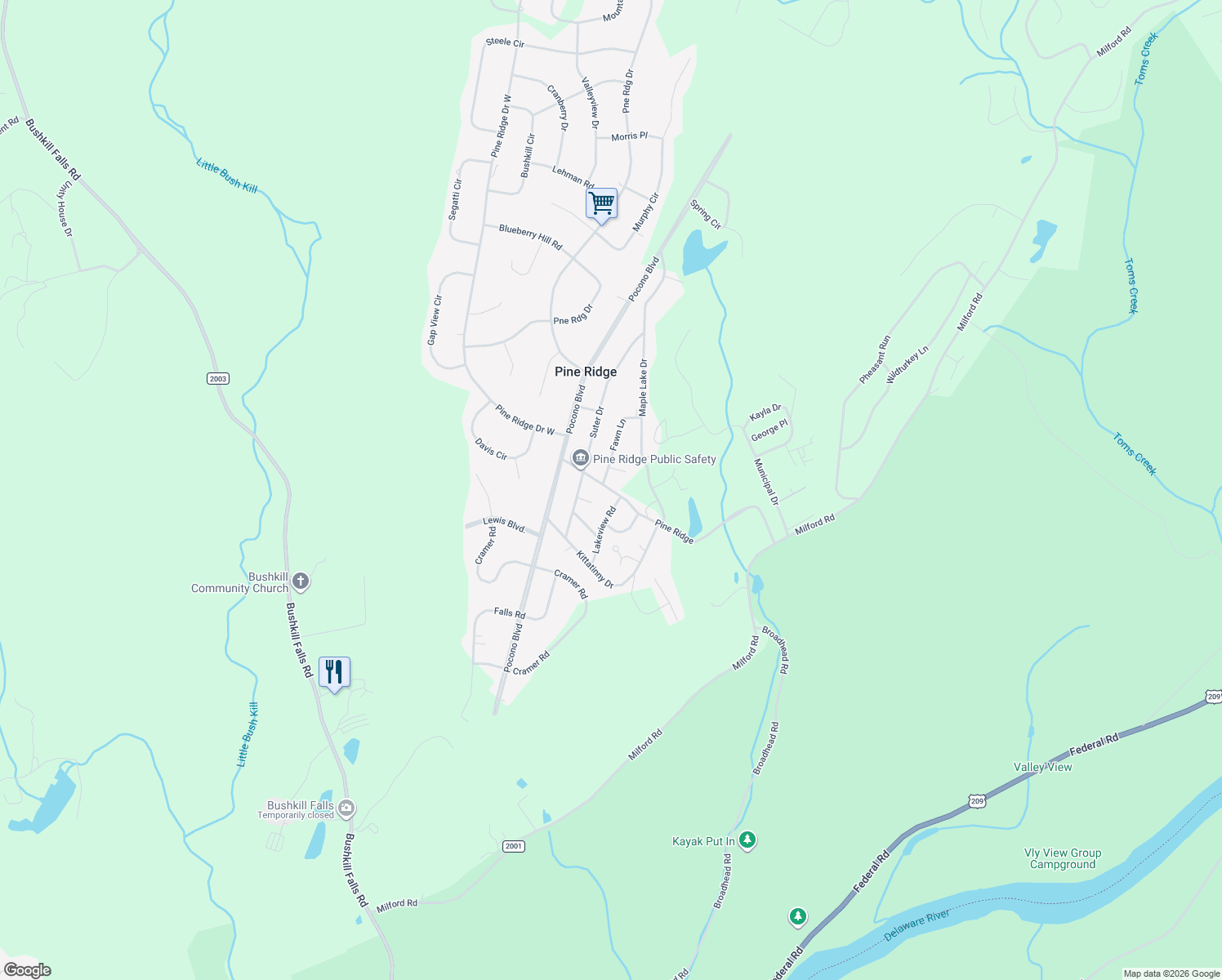 map of restaurants, bars, coffee shops, grocery stores, and more near 1256 Pine Ridge in Pine Ridge