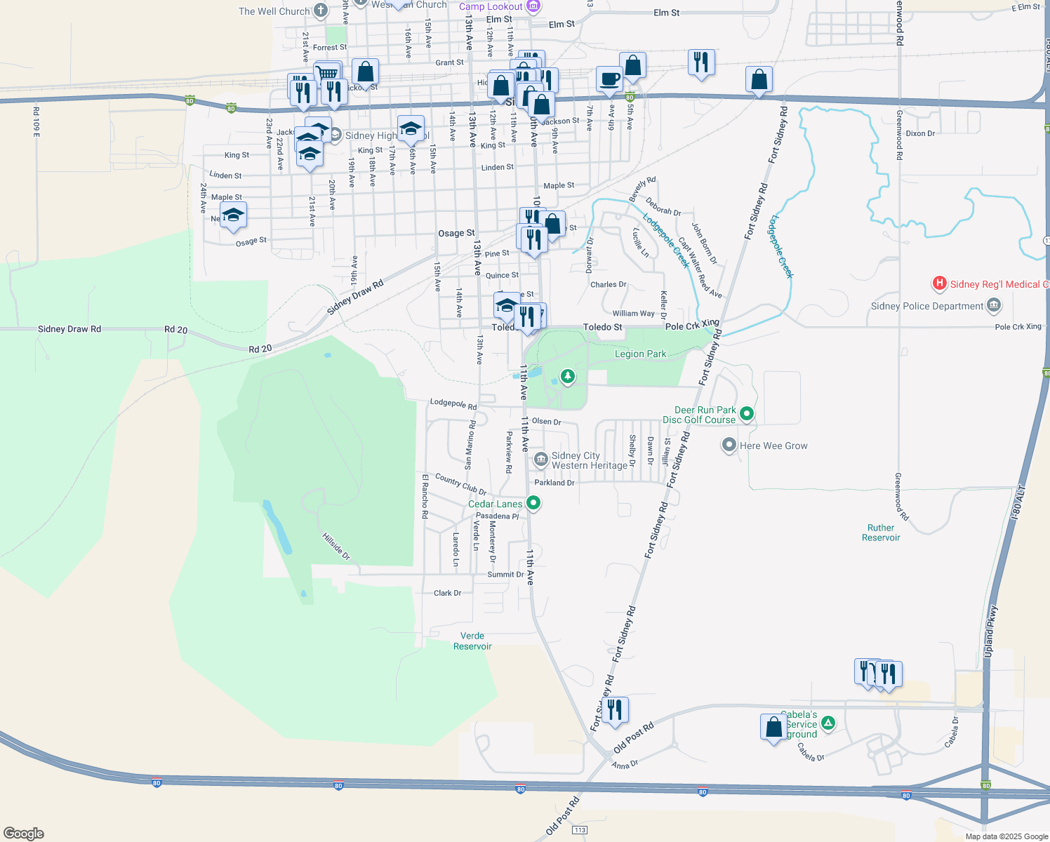 map of restaurants, bars, coffee shops, grocery stores, and more near 1043 Olsen Dr in Sidney