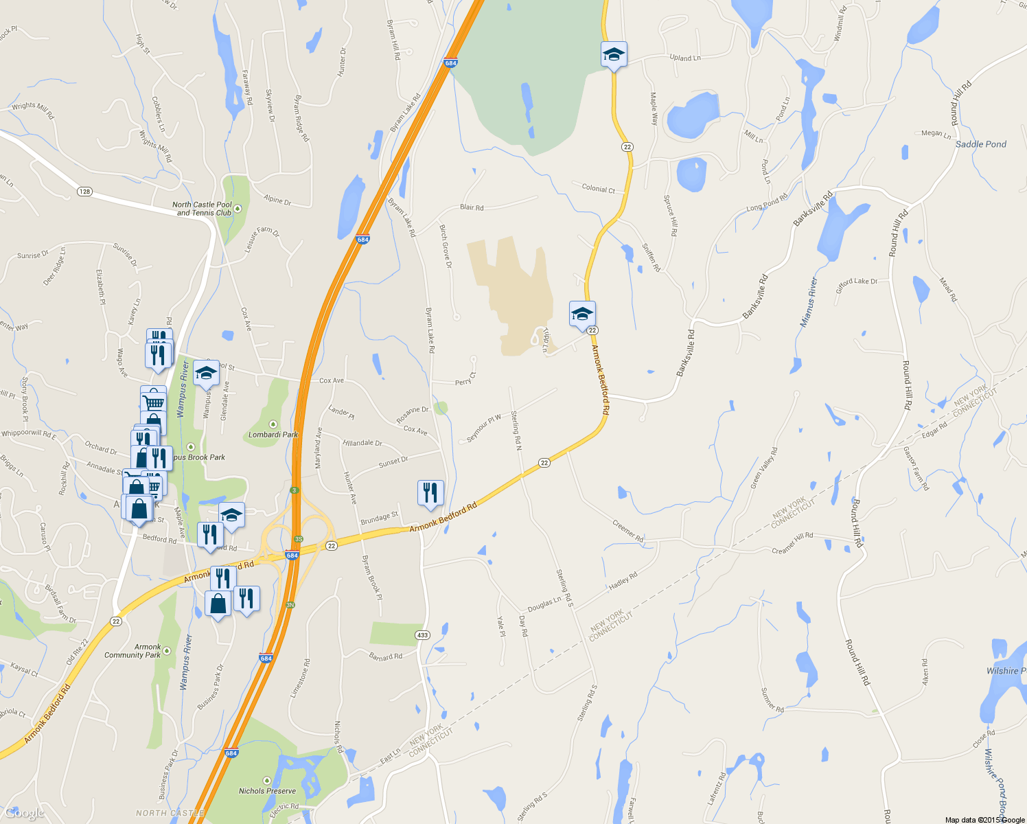 map of restaurants, bars, coffee shops, grocery stores, and more near 10 Sterling Rd N in Armonk