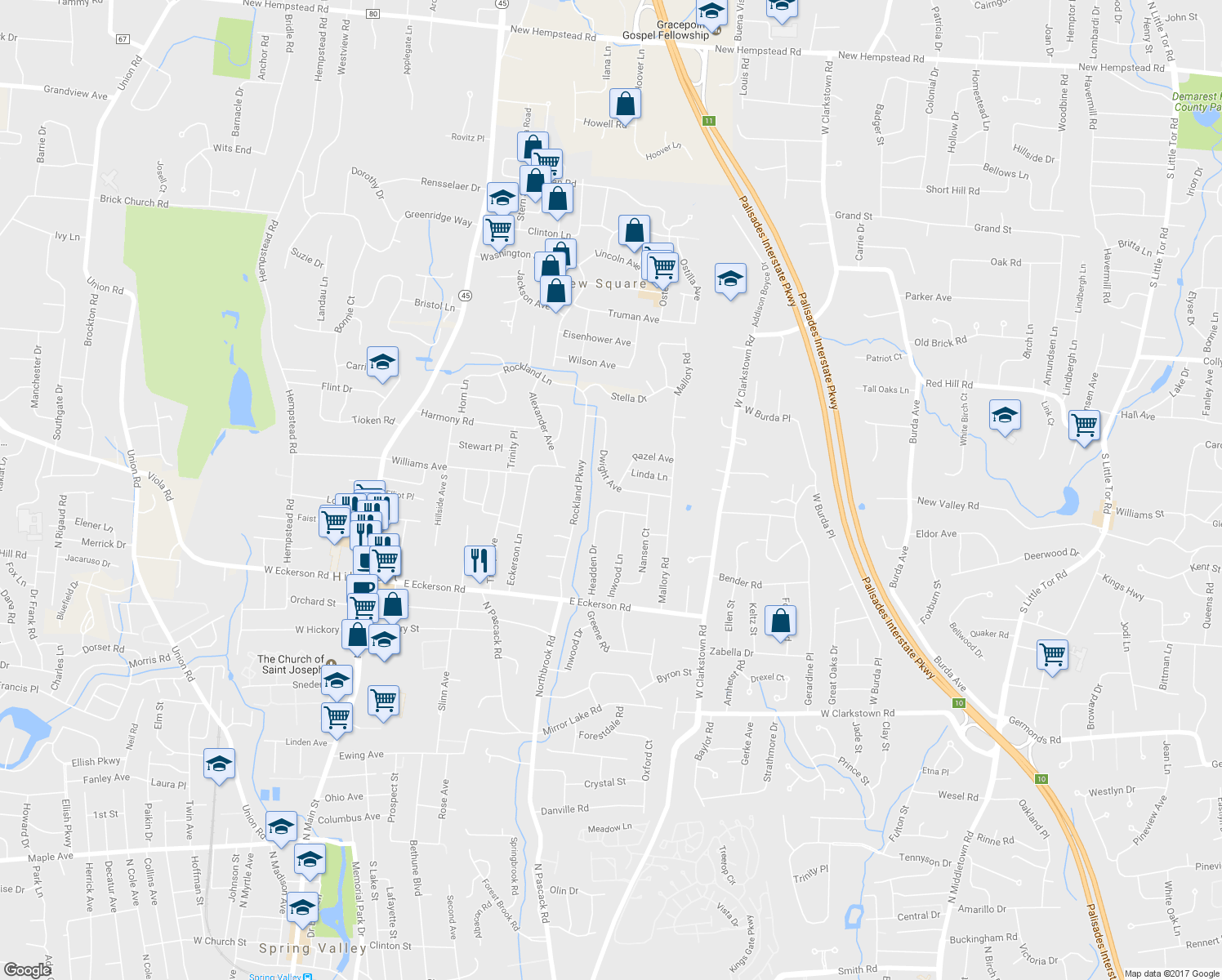 map of restaurants, bars, coffee shops, grocery stores, and more near 14 Dwight Avenue in Spring Valley