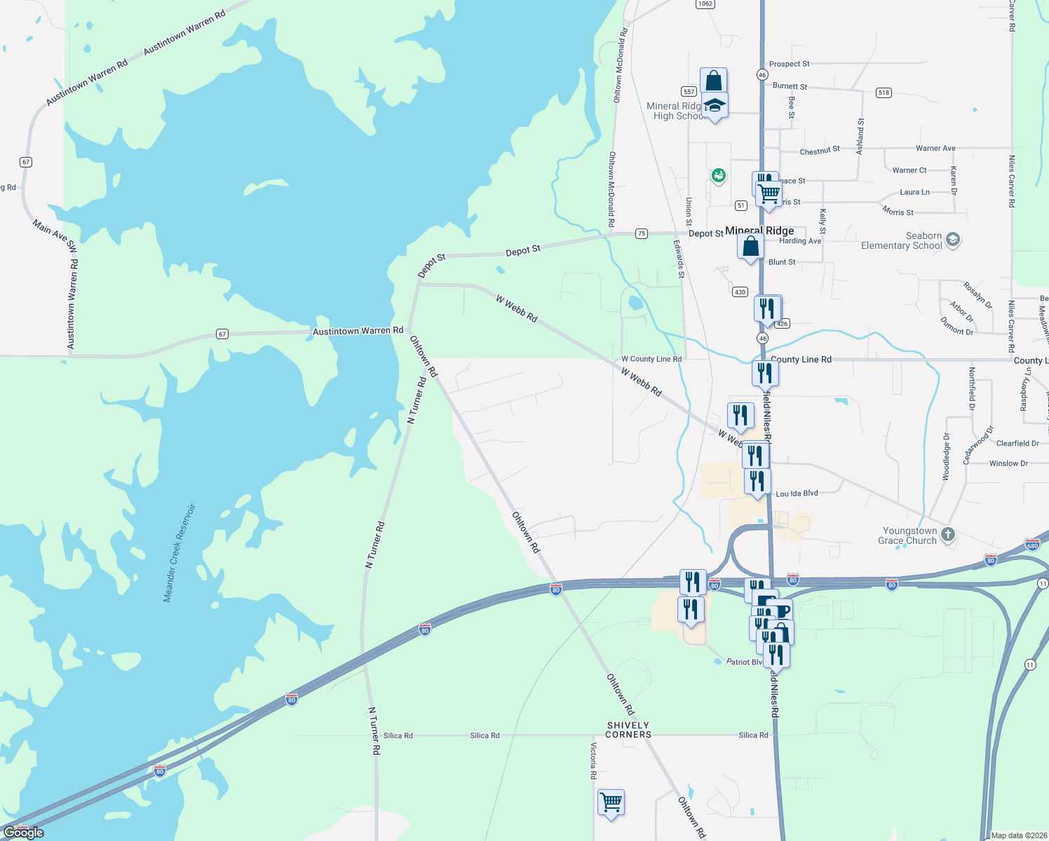 map of restaurants, bars, coffee shops, grocery stores, and more near 1293 Tuxford Court in Youngstown