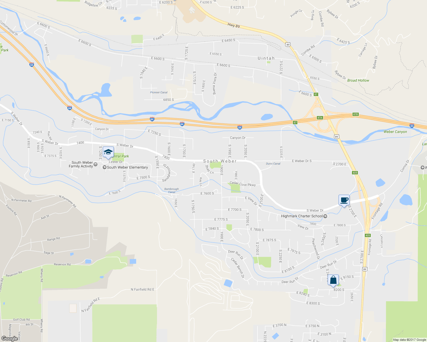 map of restaurants, bars, coffee shops, grocery stores, and more near 1852 Shay Lane in South Weber