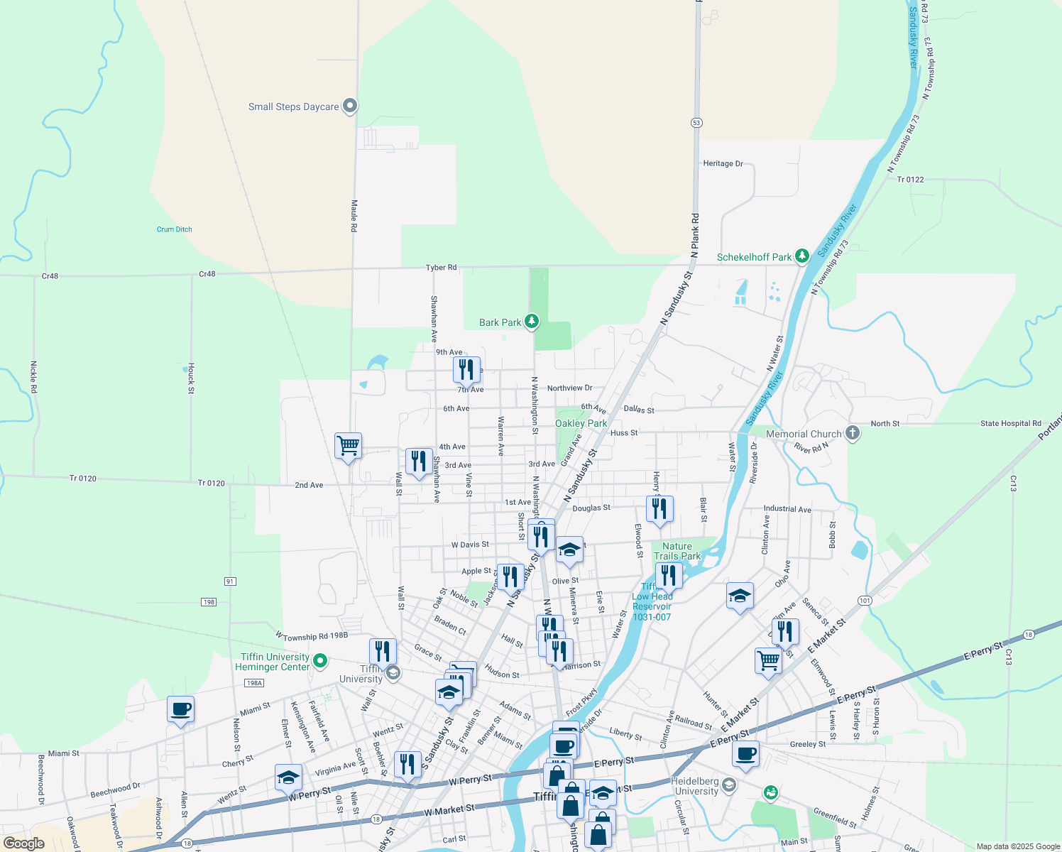 map of restaurants, bars, coffee shops, grocery stores, and more near 134 5th Ave in Tiffin