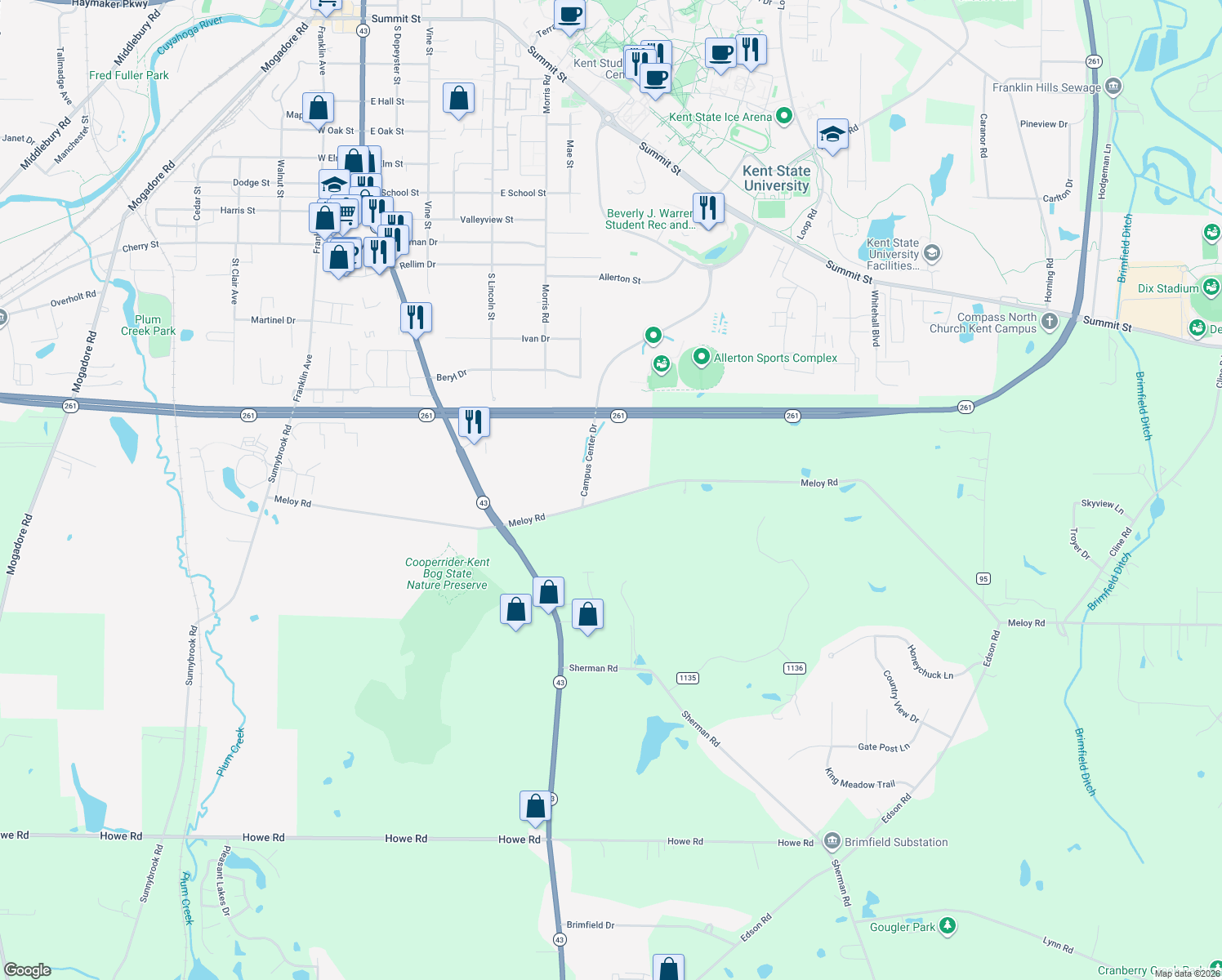 map of restaurants, bars, coffee shops, grocery stores, and more near 1335 Meloy Rd in Kent