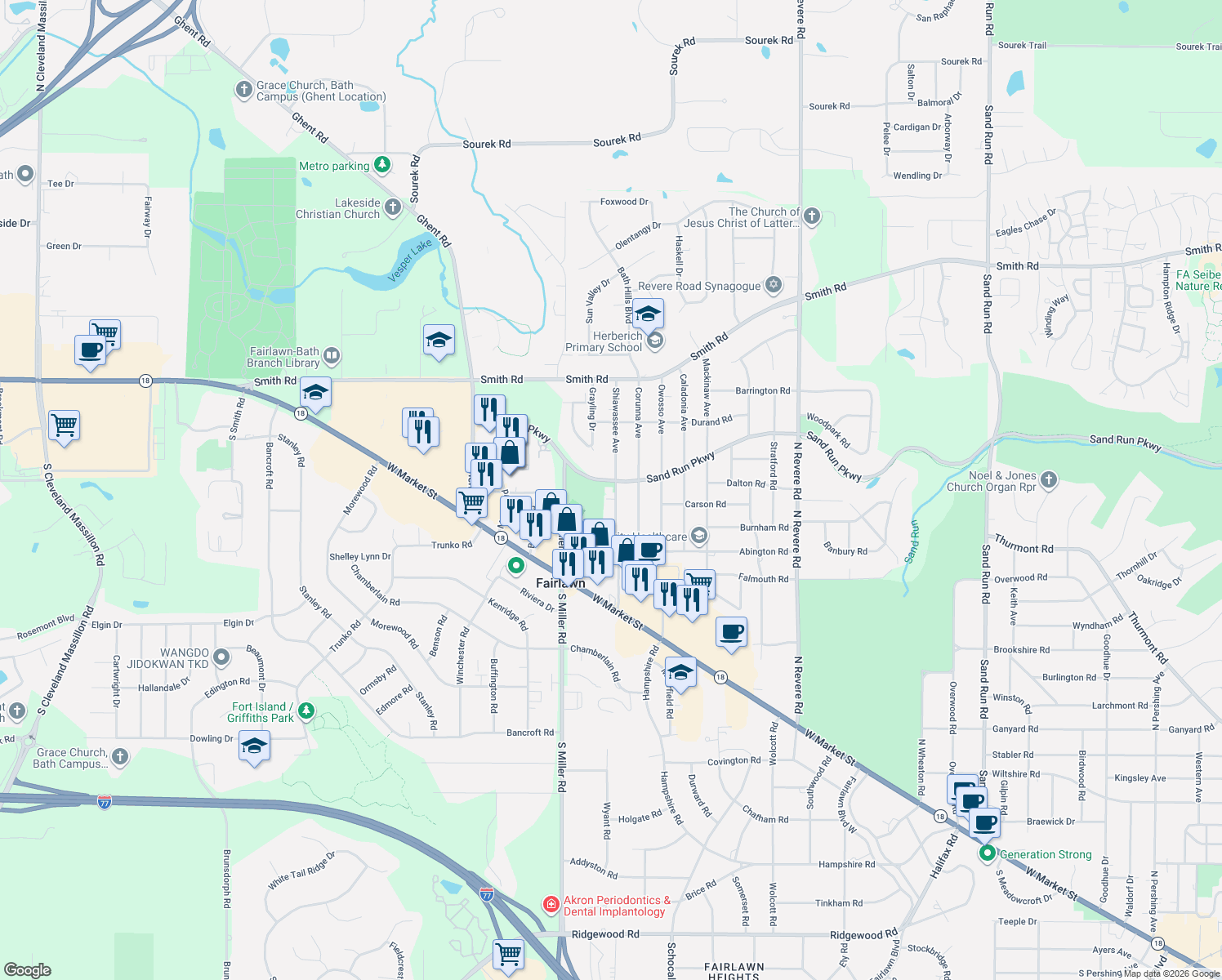 map of restaurants, bars, coffee shops, grocery stores, and more near 2714 Sand Run Pkwy in Fairlawn