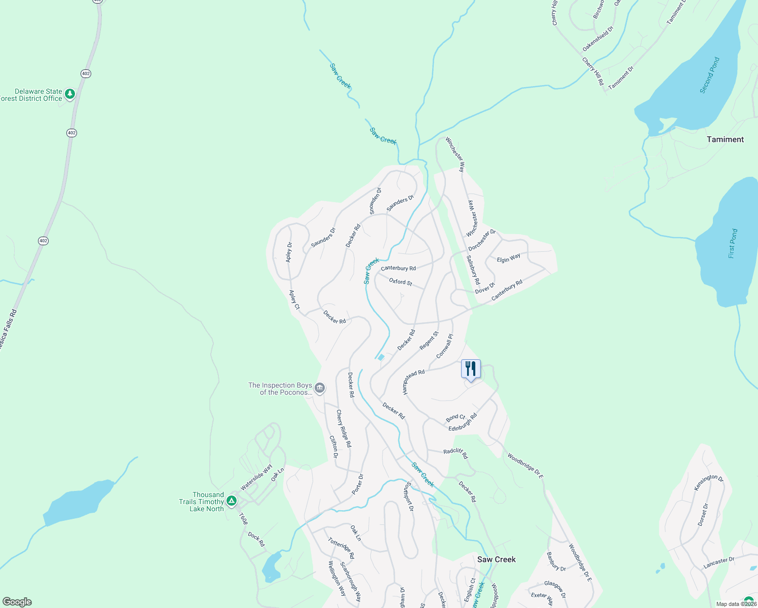 map of restaurants, bars, coffee shops, grocery stores, and more near 219 Saw Creek Estate in Bushkill