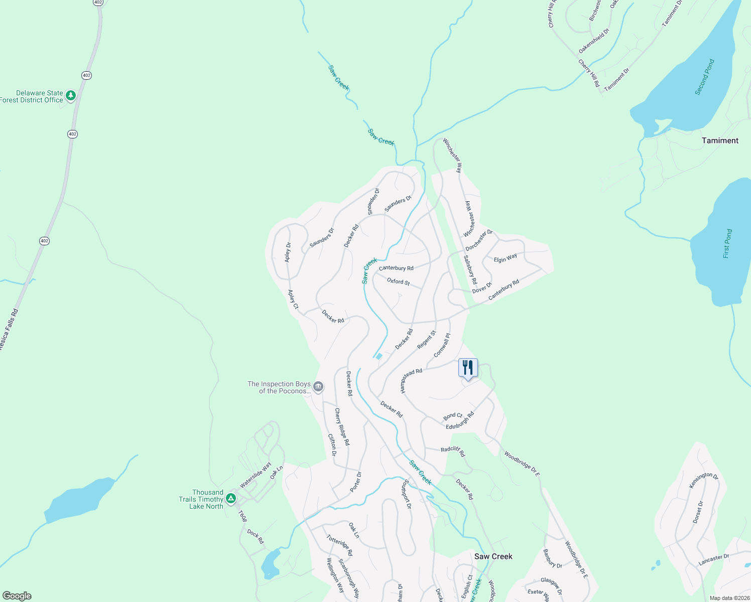 map of restaurants, bars, coffee shops, grocery stores, and more near 219 Saw Creek Estate in Bushkill